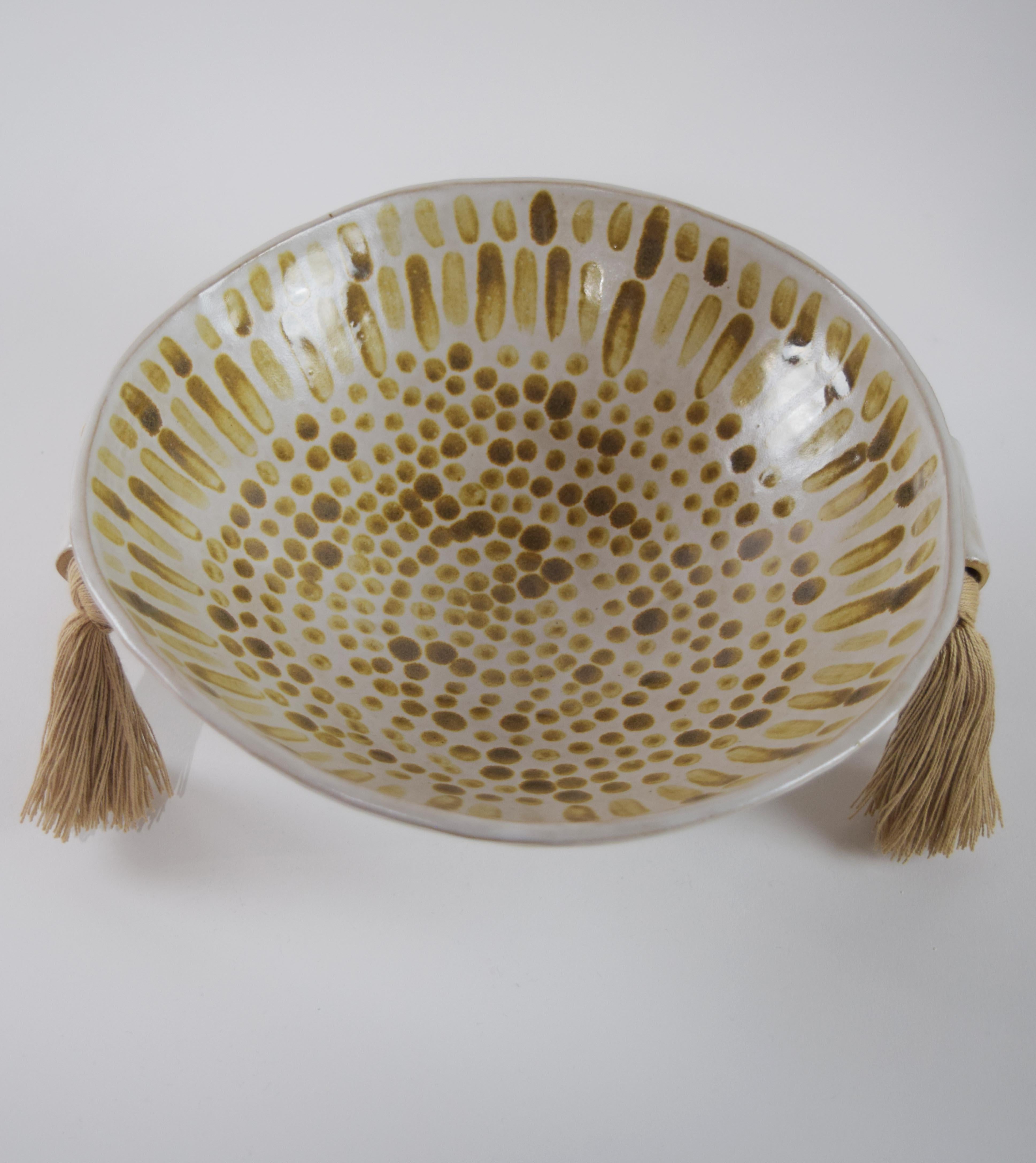 American Limited Edition Decorative Bowl #697, Dashed Beige on White with Tan Fringe