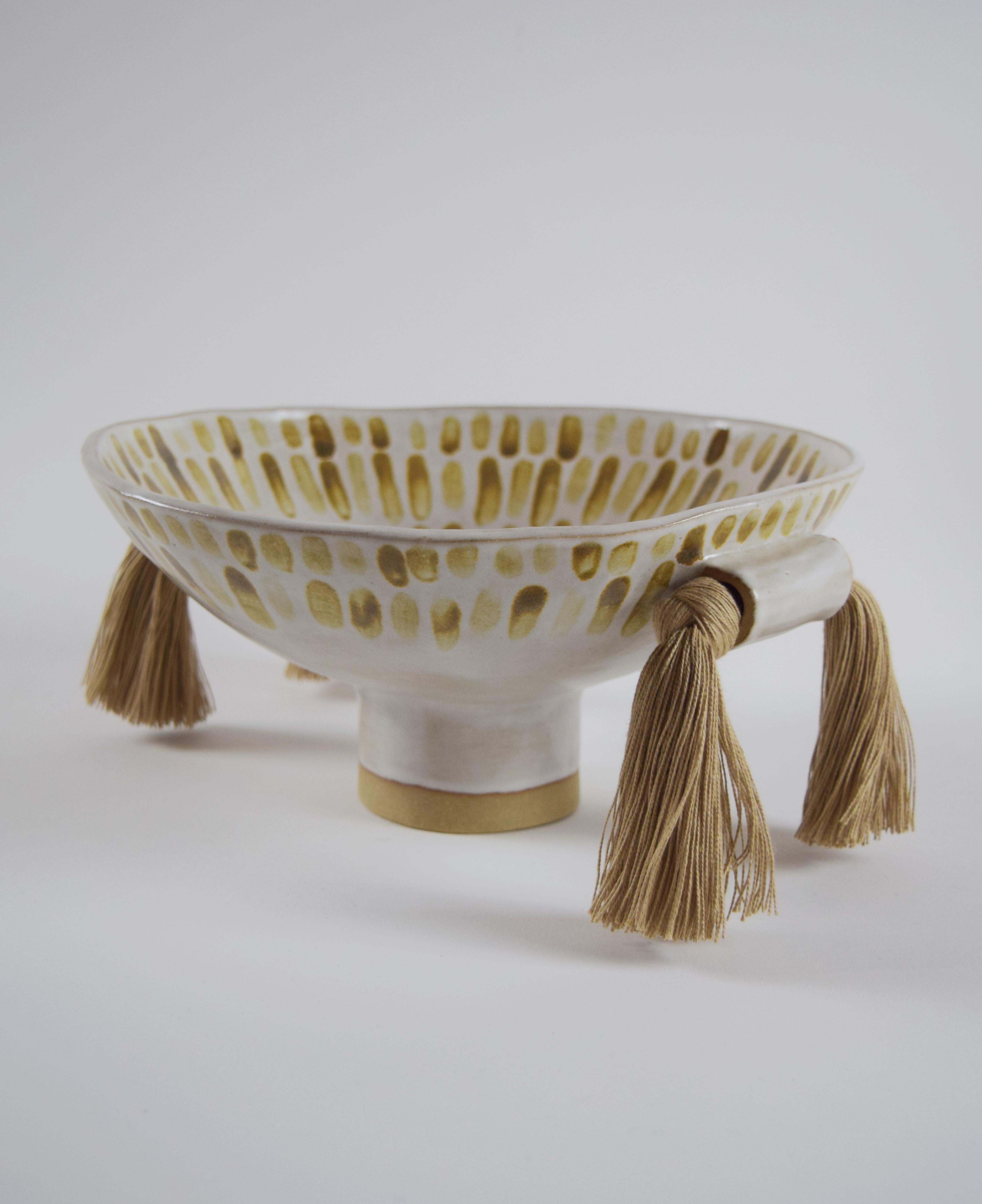 Hand-Crafted Limited Edition Decorative Bowl #697, Dashed Beige on White with Tan Fringe