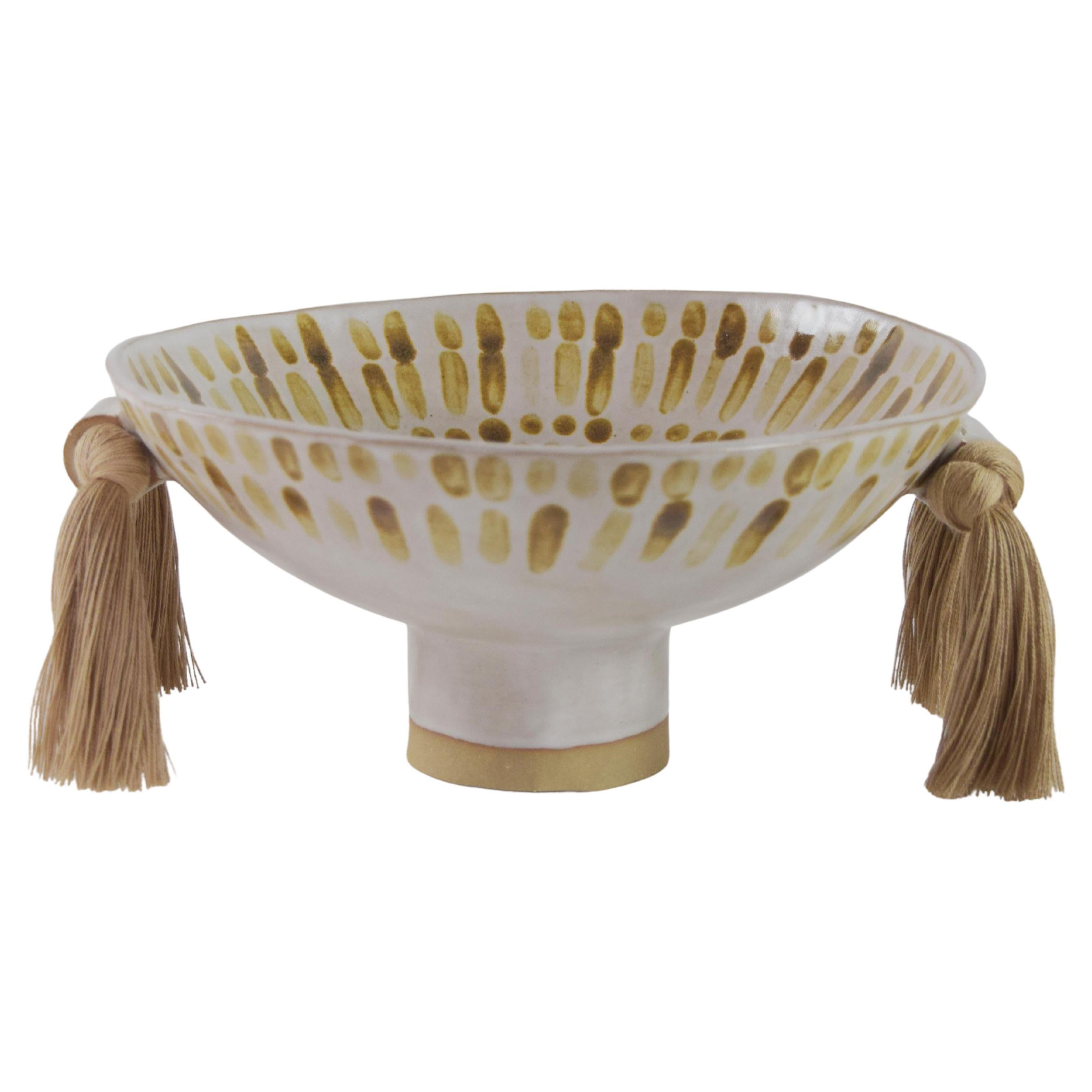 Limited Edition Decorative Bowl #697, Dashed Beige on White with Tan Fringe