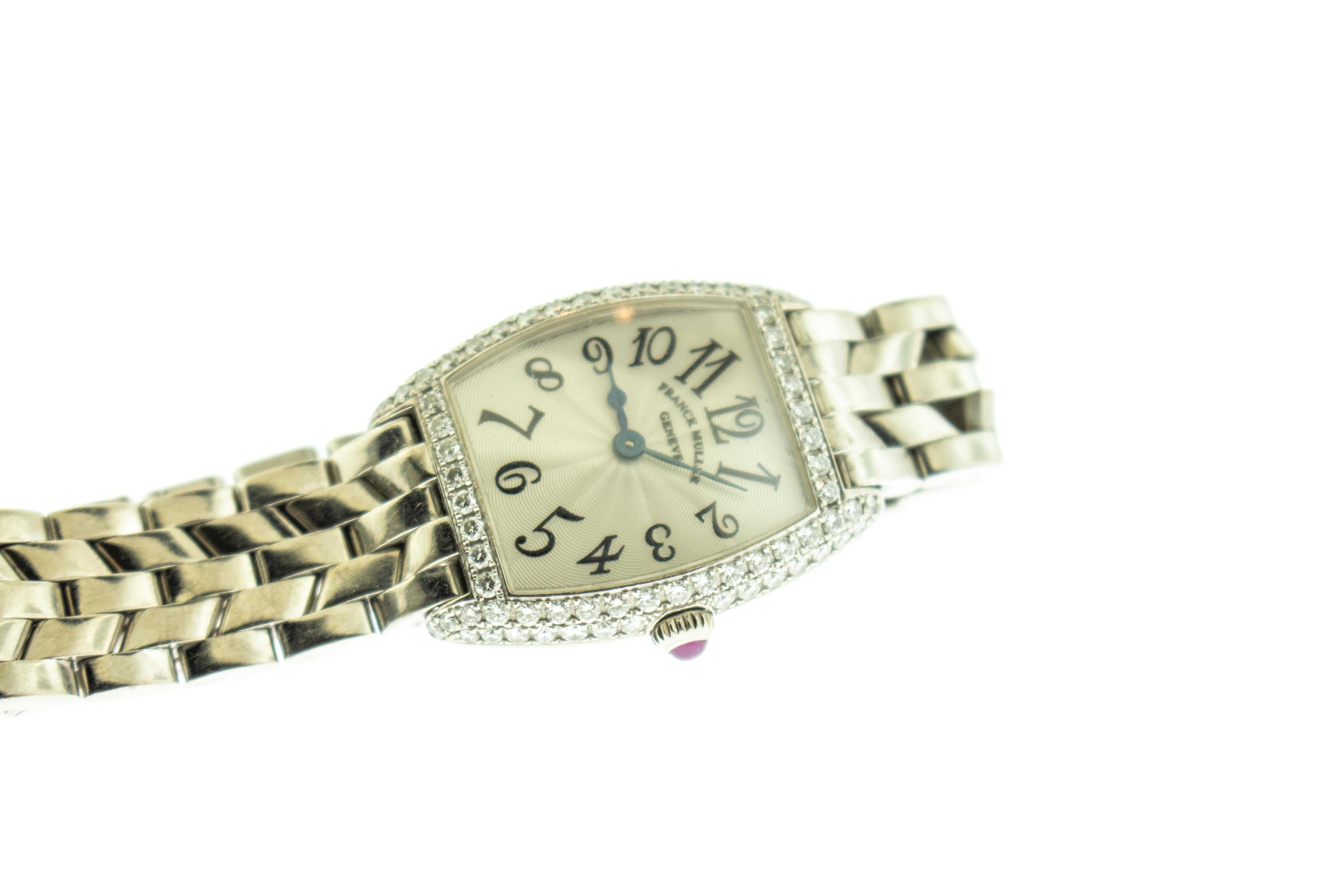Limited Edition Diamond Case Ladies Franck Muller Watch. Quartz movement Franck Muller watch is number 117 in a limited series. Case 22mm x 25mm, Total weight 85.14 grams 