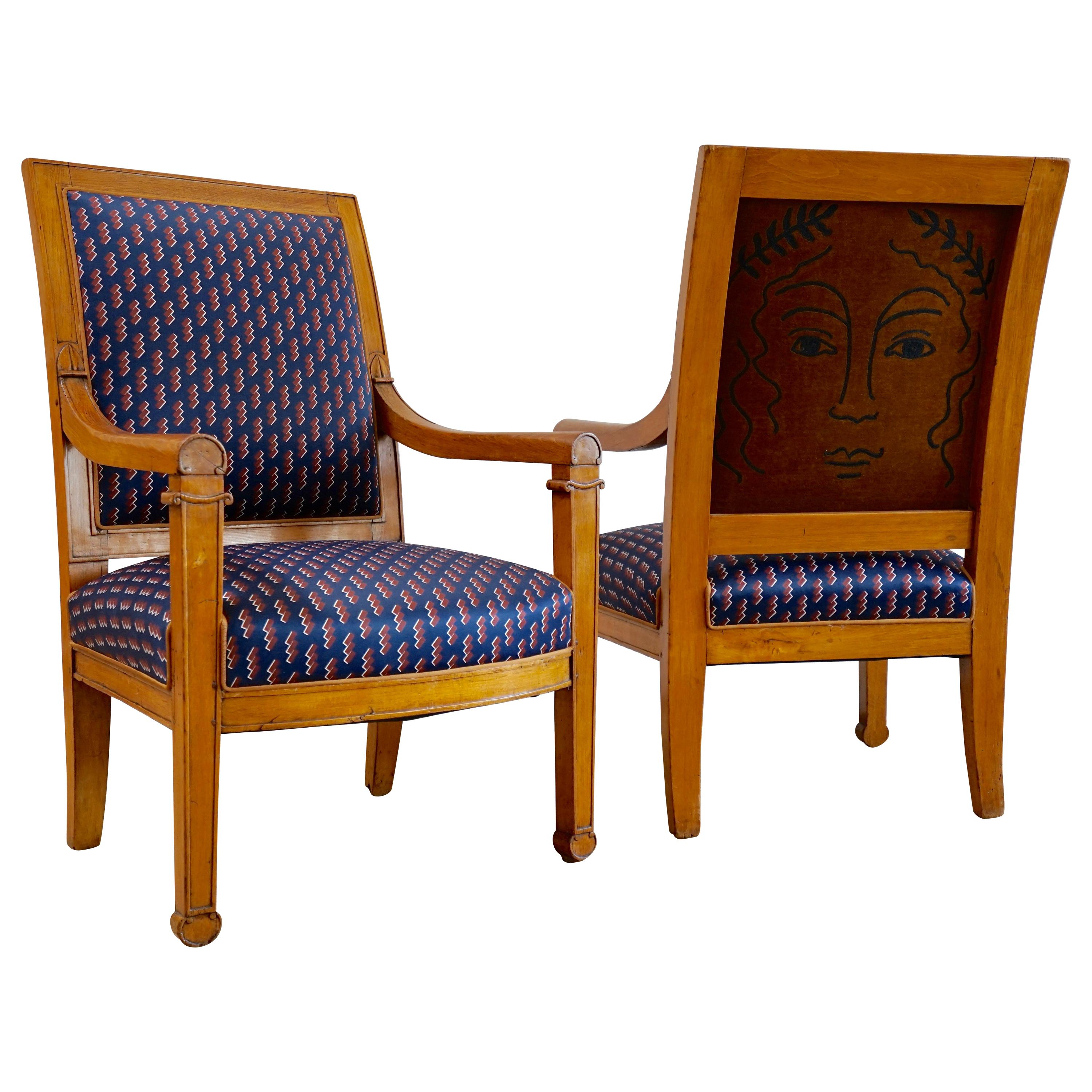 Embroidery by RF. Alvarez on Pair of Louis Philippe Armchairs, Navy and Bronze