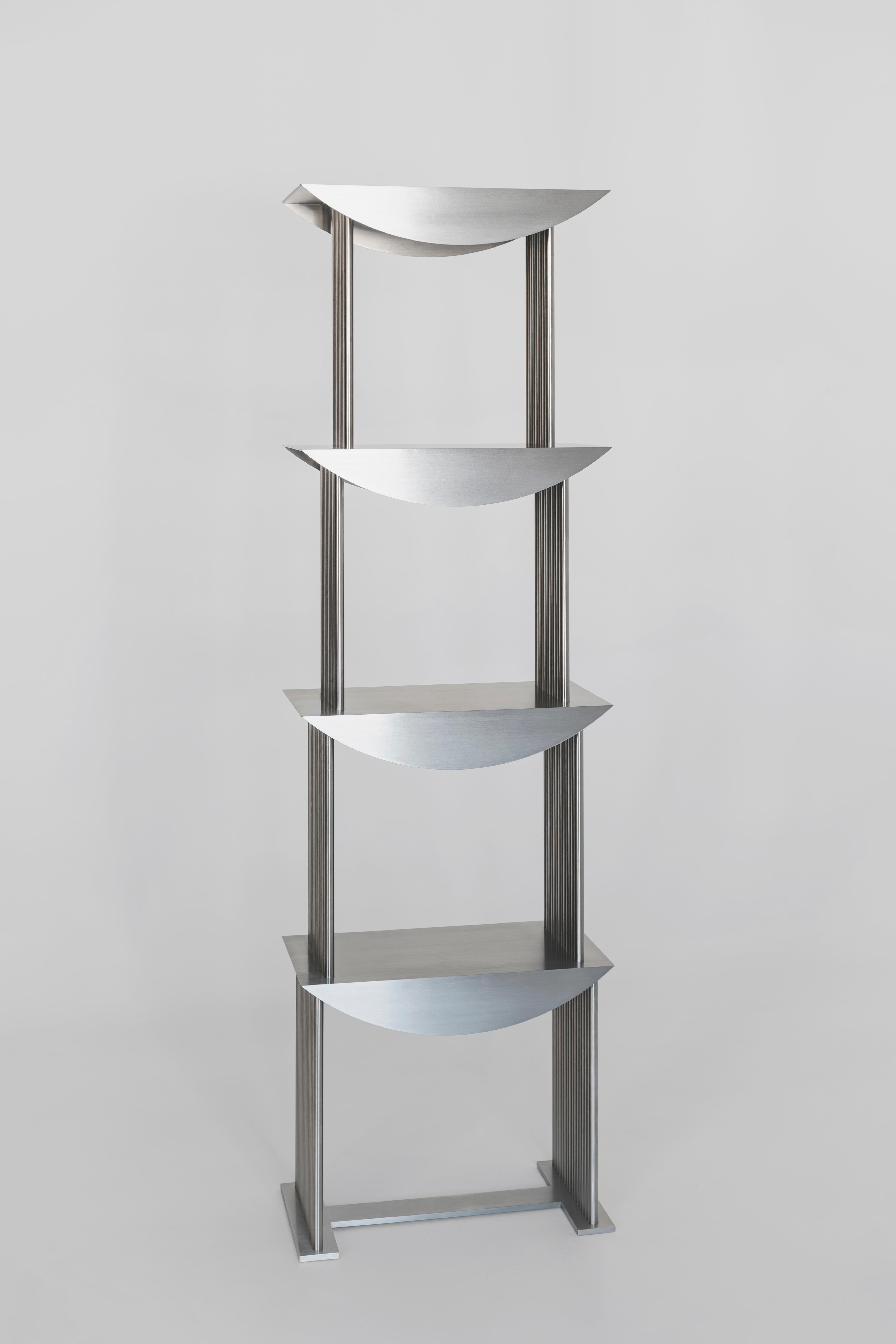 Limited Edition Etagere Standing Shelf in Stainless Steel by sashaxsasha
Limited Edition of 12 + 2 A.P
Dimensions: D 30 x W 55 x H 180 cm. 
Materials: Stainless steel. 

sashaxsasha is a design duo based in Paris, France. Originally from Moscow,