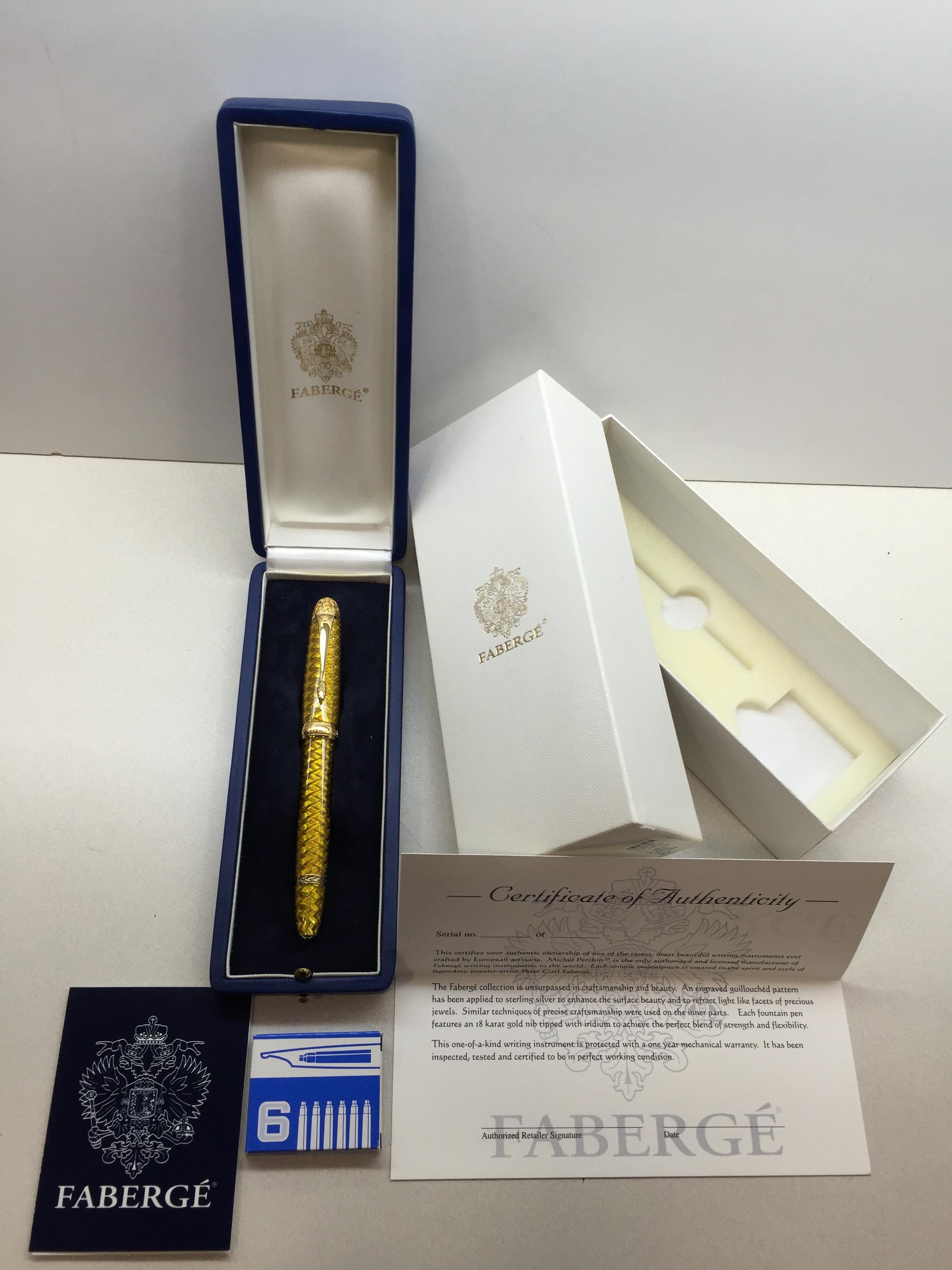 Limited-Edition Fabergé French Guilloché Yellow Enamel Coronation Fountain Pen For Sale 1