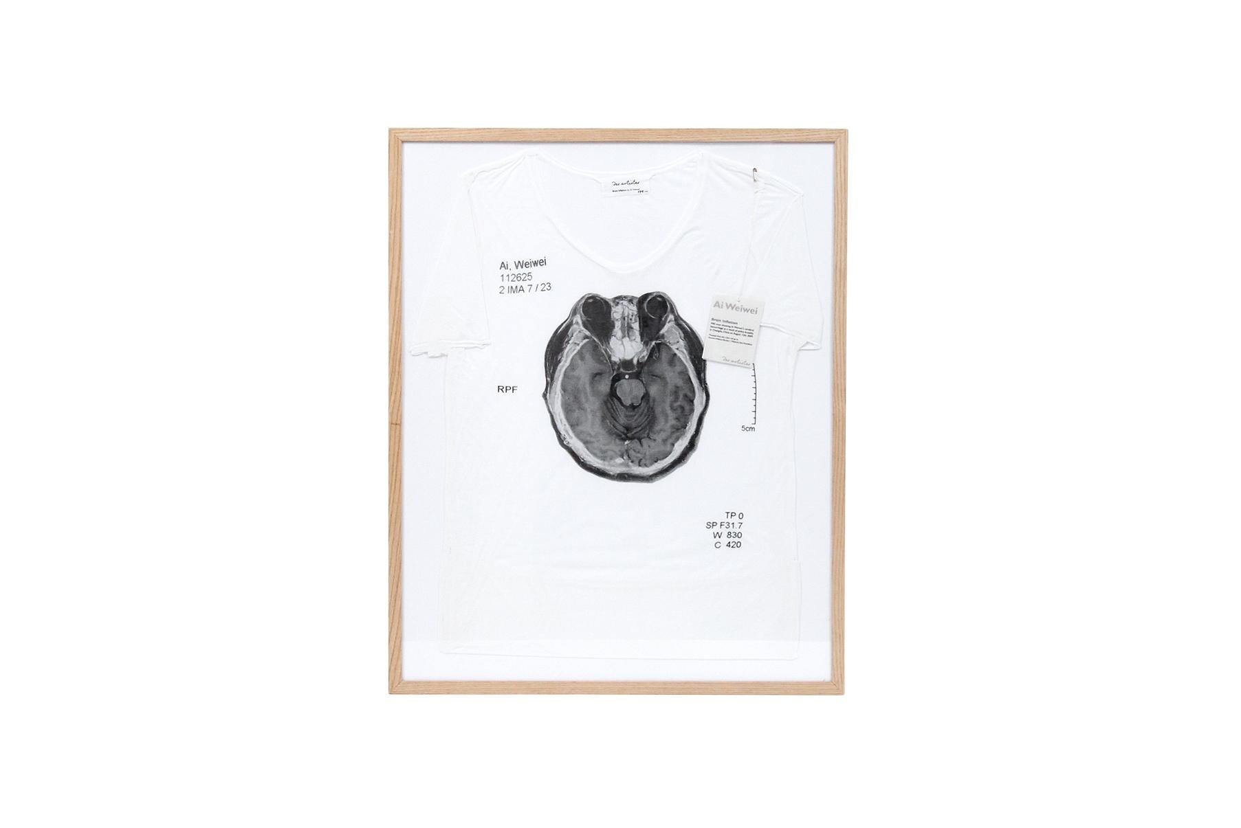 Two limited editions t-shirts designed by Ai Weiwei for Munich based label Des Artistes as part of a fundraiser for Doctors Without Borders. One t-shirt is titled “Brain Inflation” and features a black and white CT scan of Ai Weiwei’s hemorrhaging