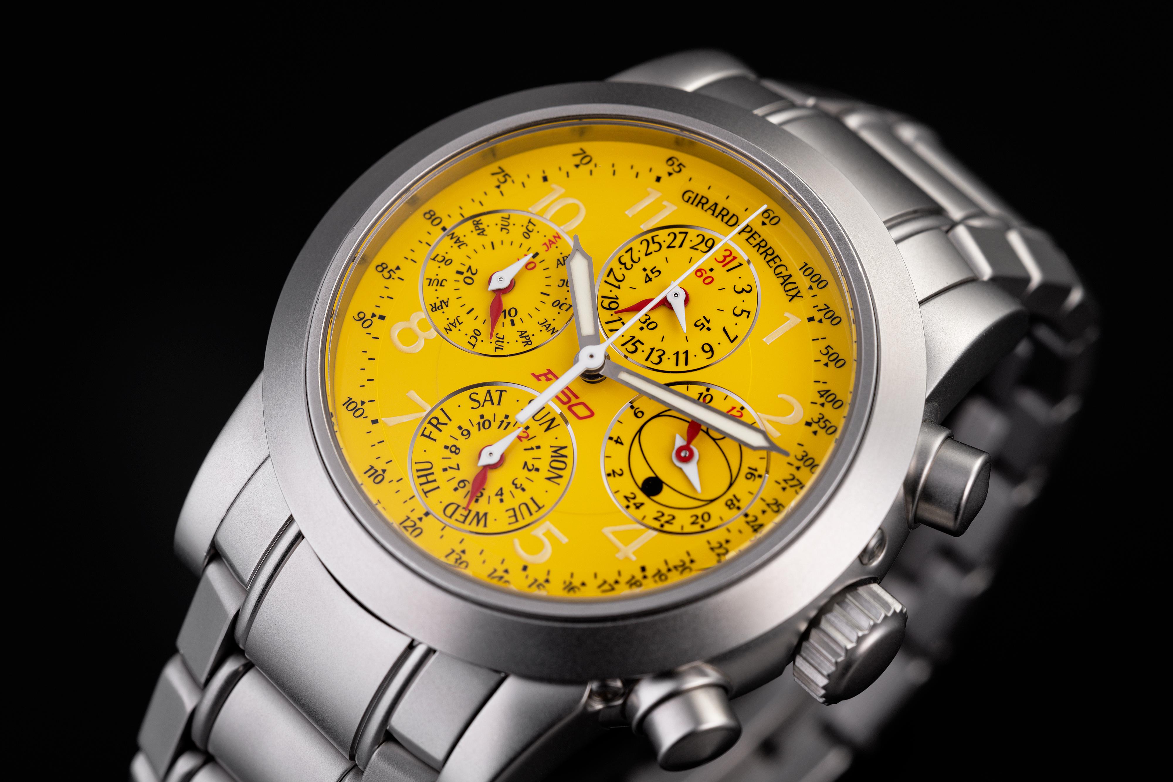 In 1996, Girard Perregaux were the official partners of Ferrari and to celebrate the release of the F50 supercar (only 349 cars were produced), 349 perpetual calendar chronographs were produced for the lucky owners of the car. This 40mm titanium