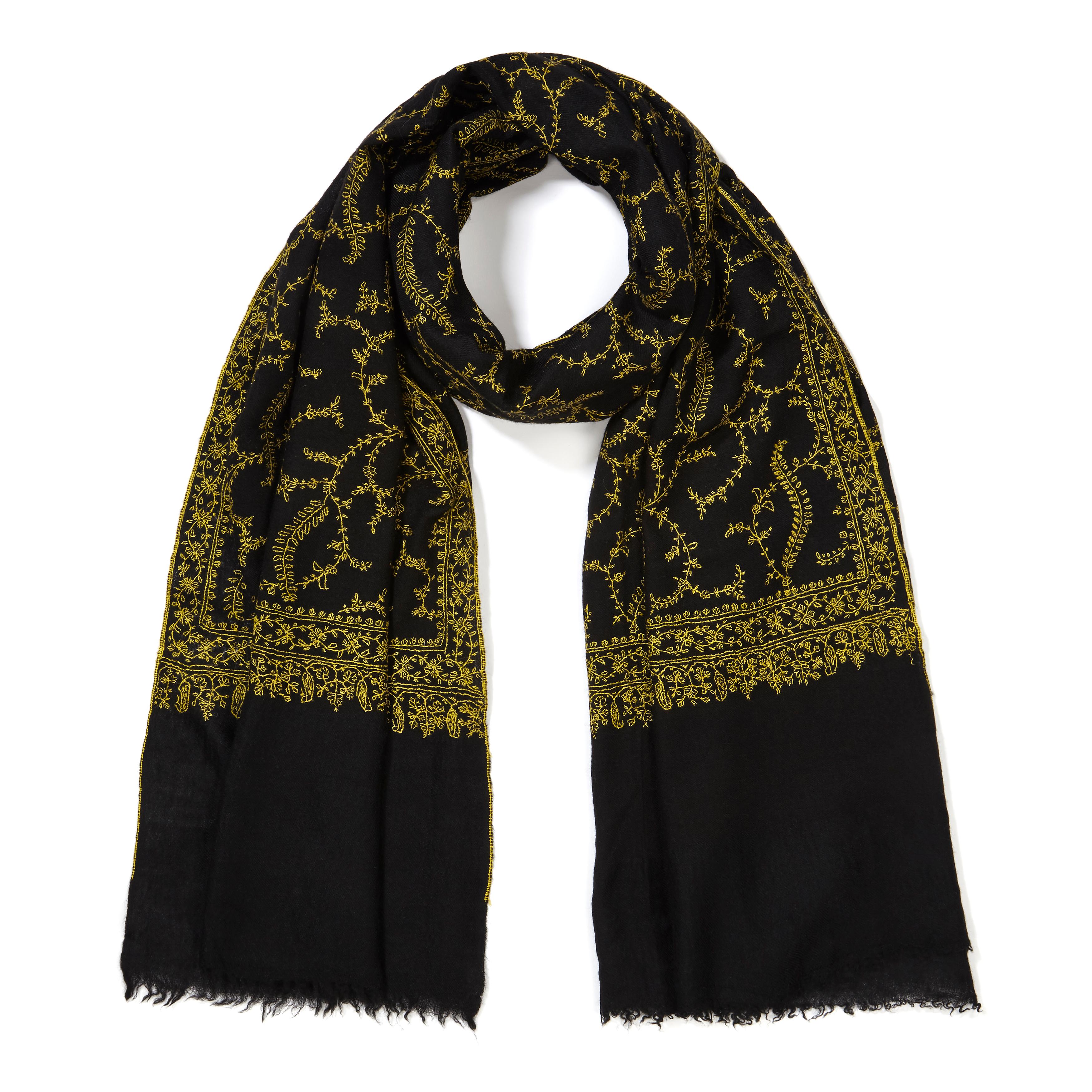 Women's or Men's Limited Edition Hand Embroidered Black & Yellow 100% Cashmere Shawl - Gift 