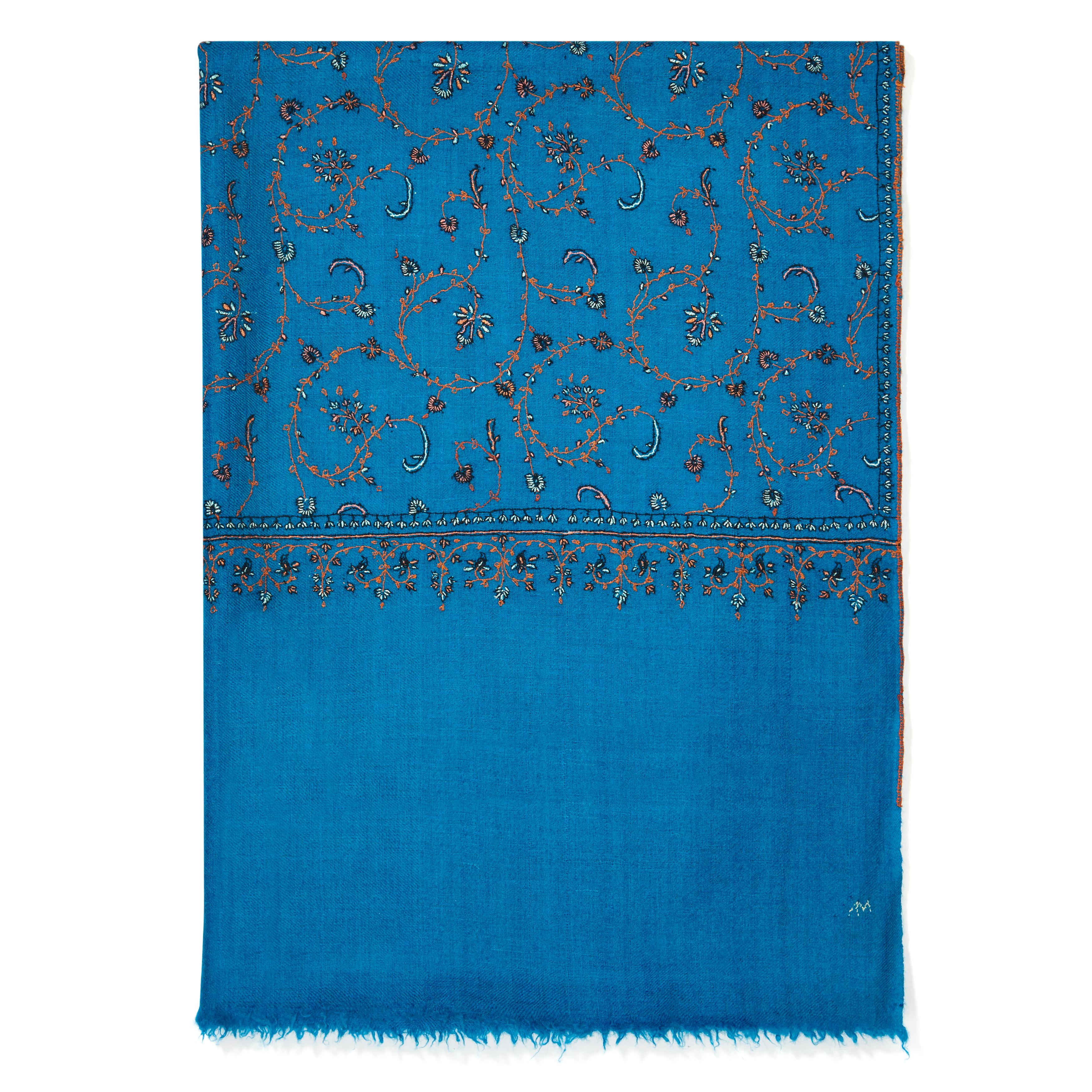 Limited Edition Hand Embroidered Cashmere Scarf in Blue Made in Kashmir - Gift In New Condition In London, GB