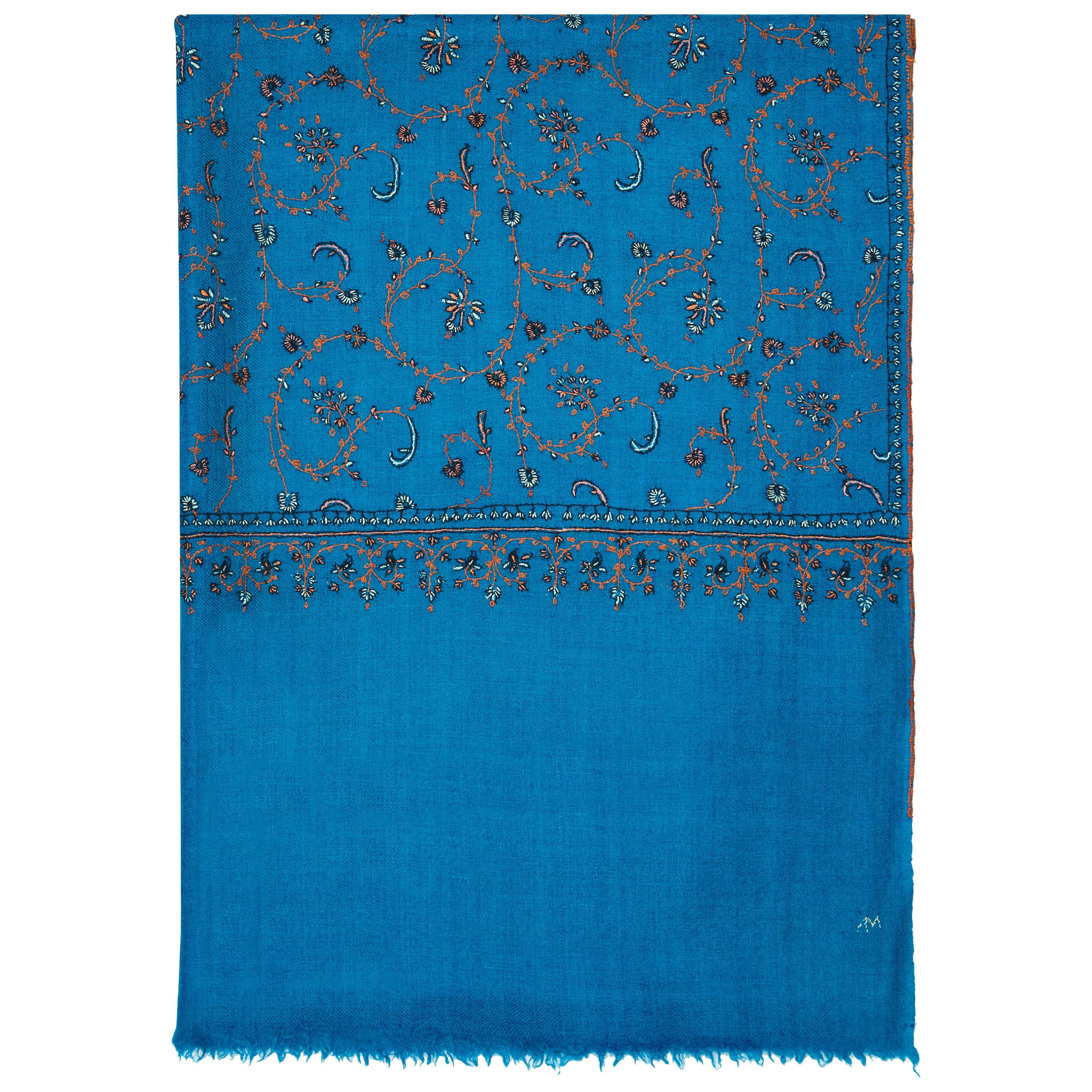 Limited Edition Hand Embroidered Cashmere Scarf in Blue Made in Kashmir - Gift