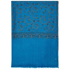 Limited Edition Hand Embroidered Cashmere Scarf in Blue Made in Kashmir - Gift