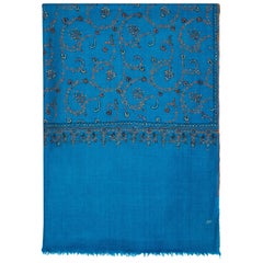 Limited Edition Hand Embroidered Cashmere Scarf in Blue Made in Kashmir - Gift