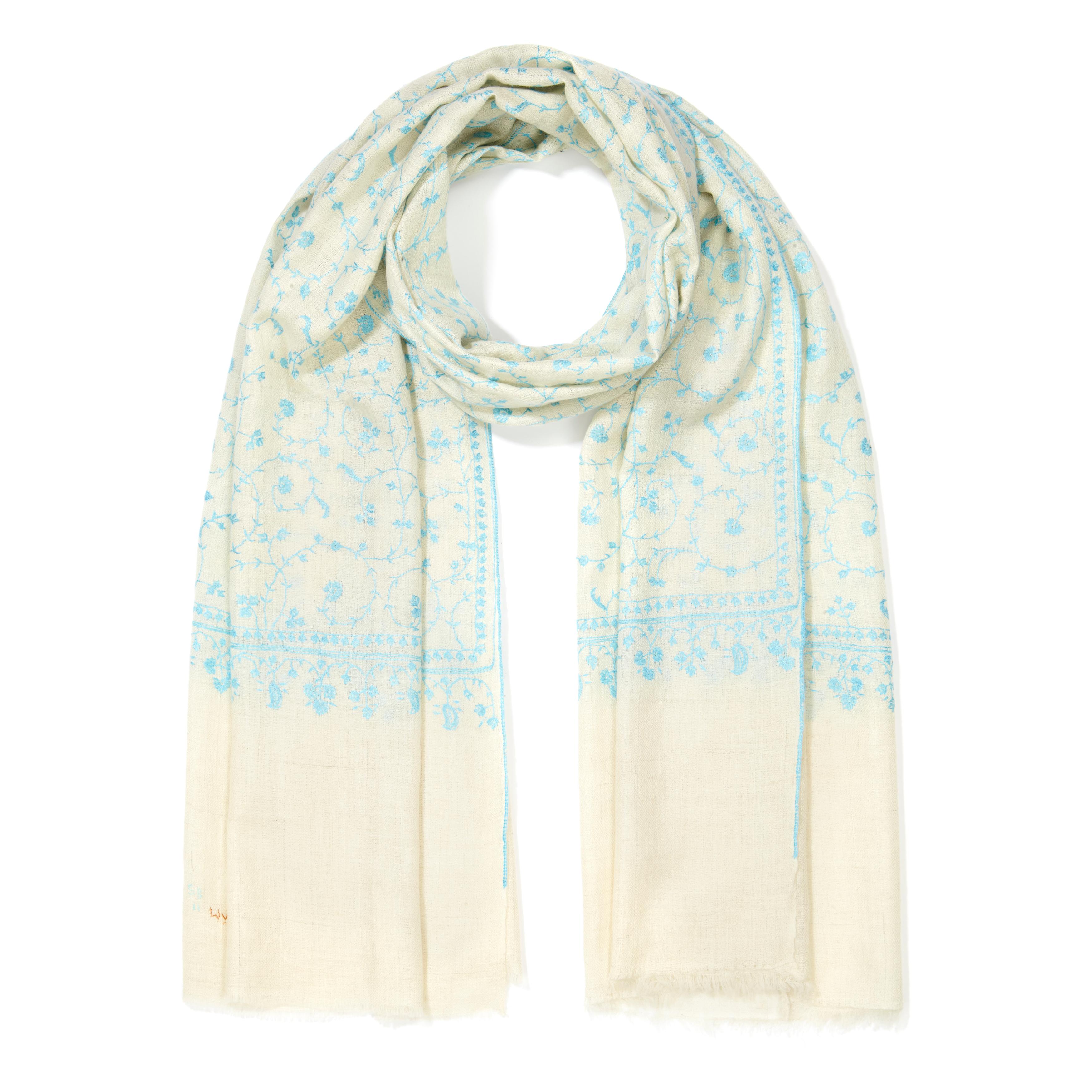 Limited Edition Hand Embroidered Cashmere Shawl in Ivory & Blue Made in Kashmir In New Condition In London, GB