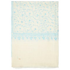 Limited Edition Hand Embroidered Cashmere Shawl in Ivory & Blue Made in Kashmir