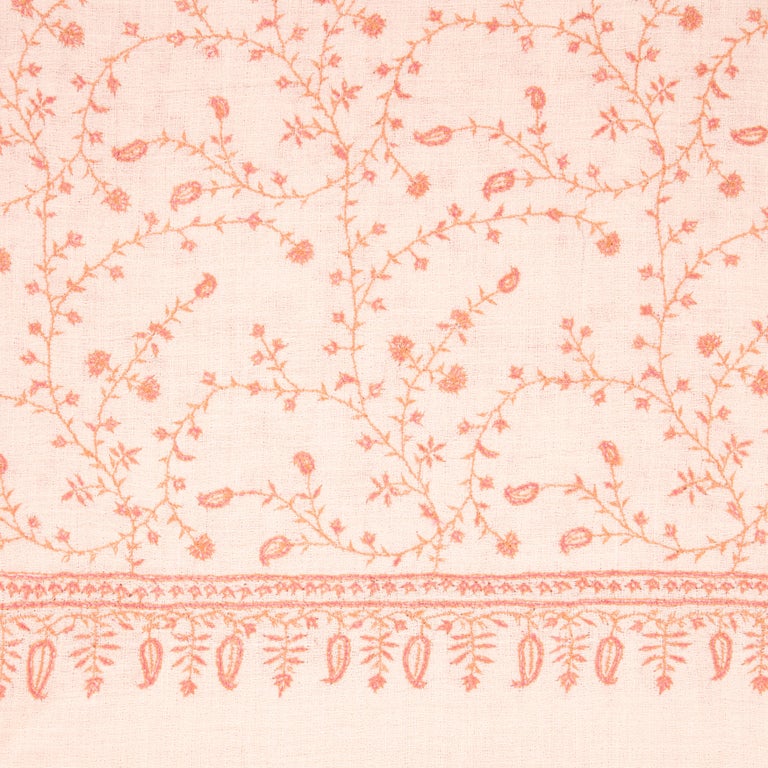 Orange Limited Edition Hand Embroidered Pale Pink 100% Cashmere Shawl made in Kashmir  For Sale