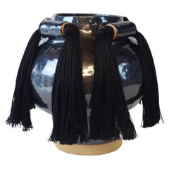 Limited Edition Handmade Ceramic Planter #750, Black with Black Tencel Fringe