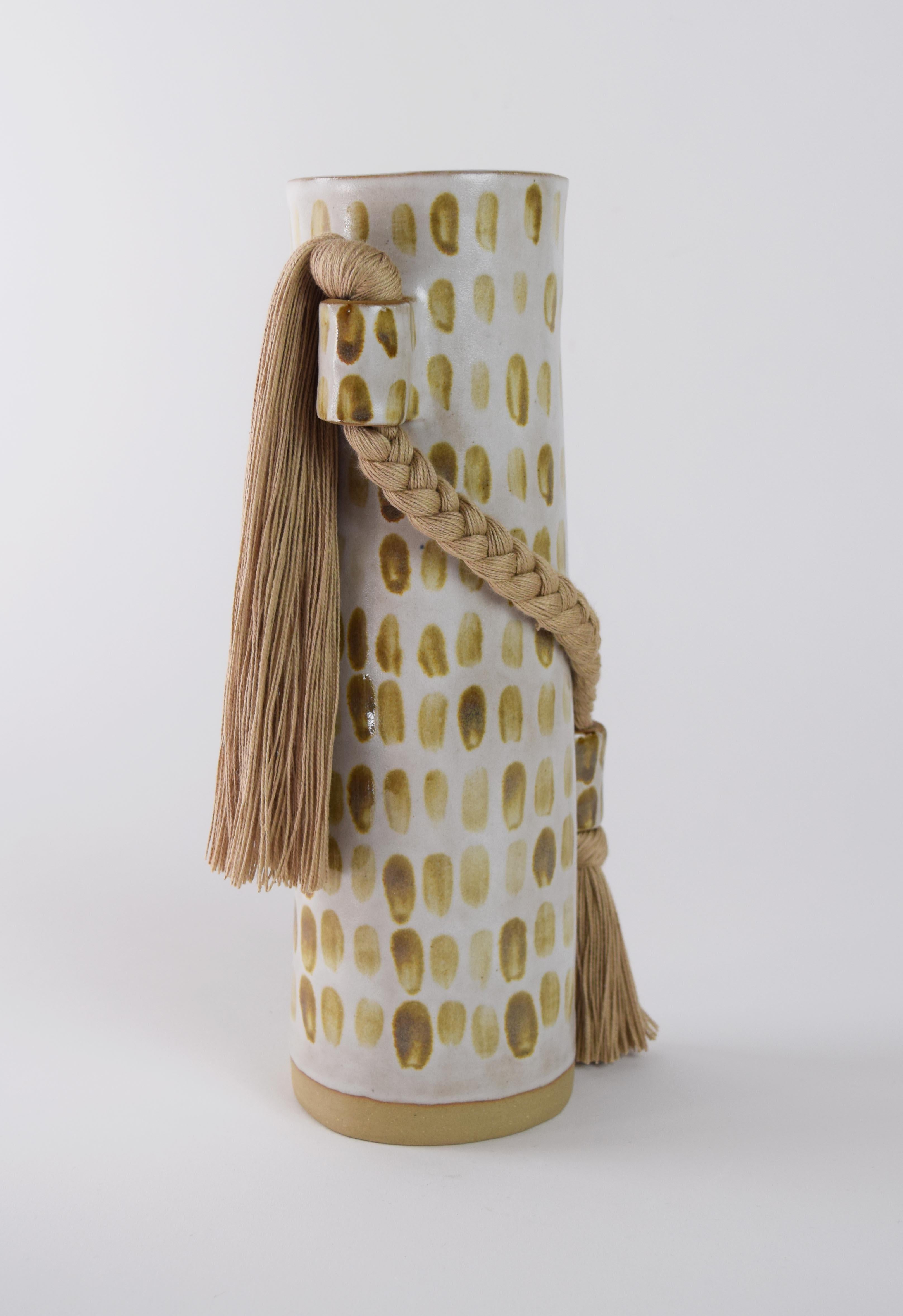 Hand-Crafted Limited Edition Handmade Vase #695, Dashed Beige on White with Tan Cotton Braid