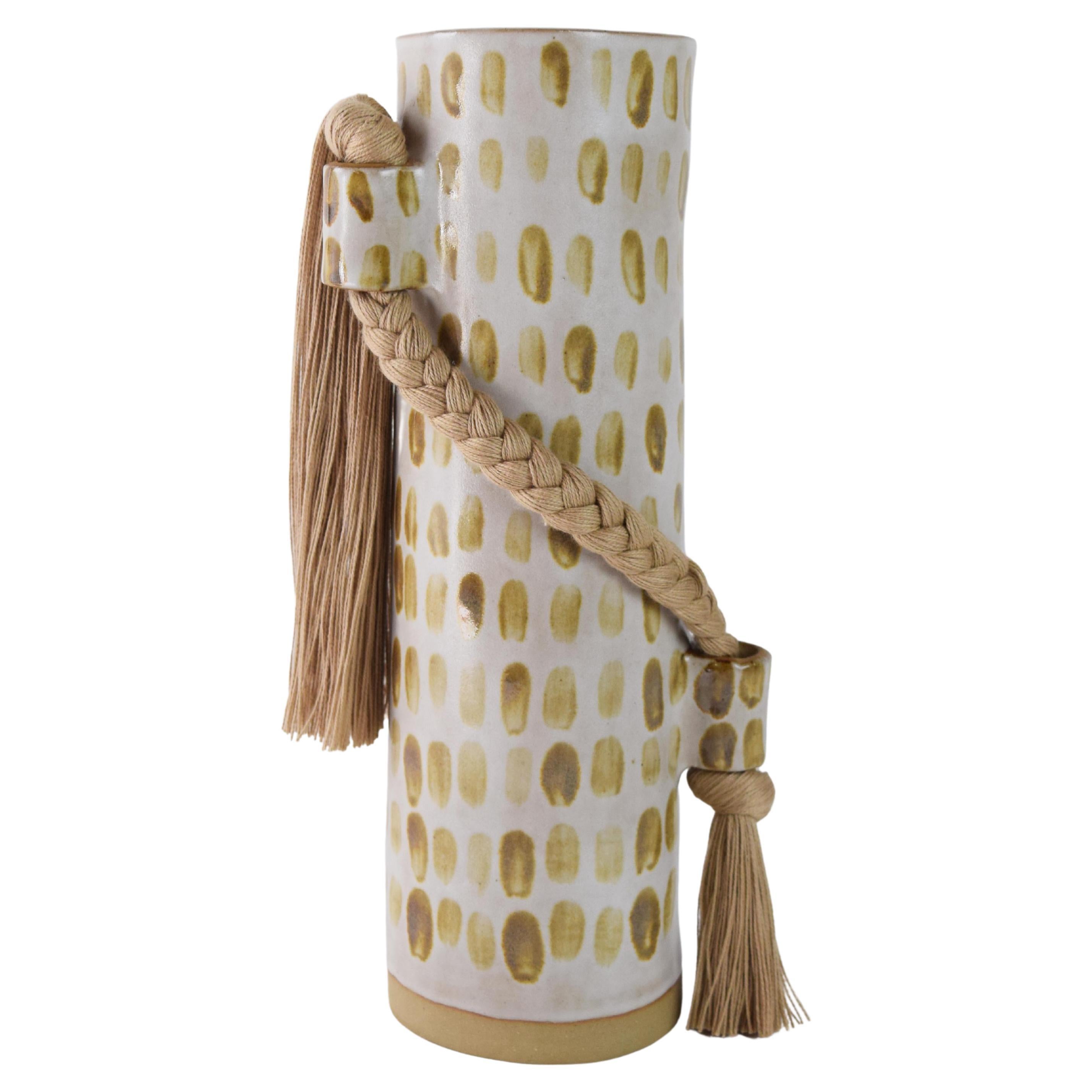 Limited Edition Handmade Vase #695, Dashed Beige on White with Tan Cotton Braid