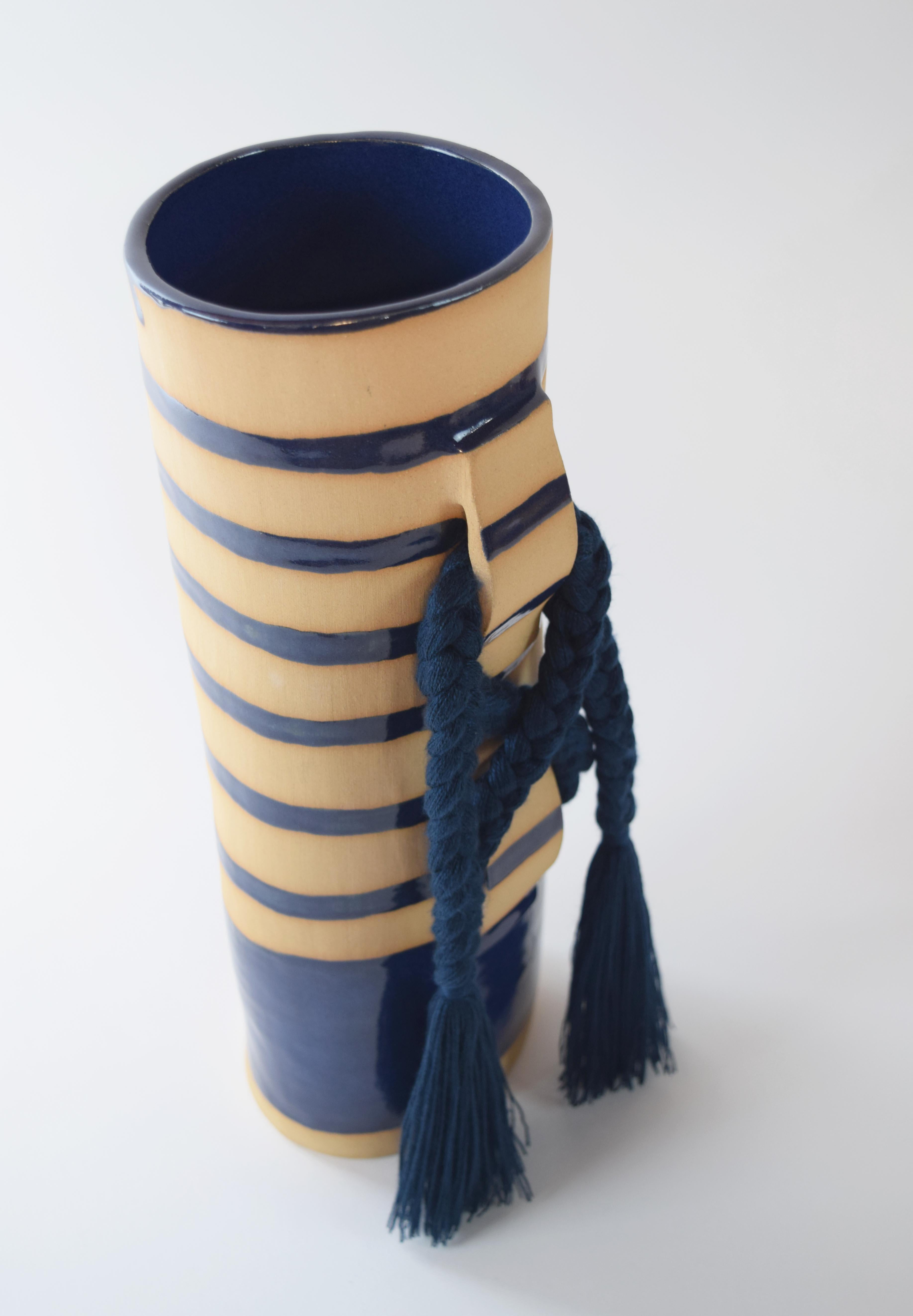 Organic Modern Limited Edition Handmade Ceramic Vase #696, Blue Hand Painted Stripes with Braid
