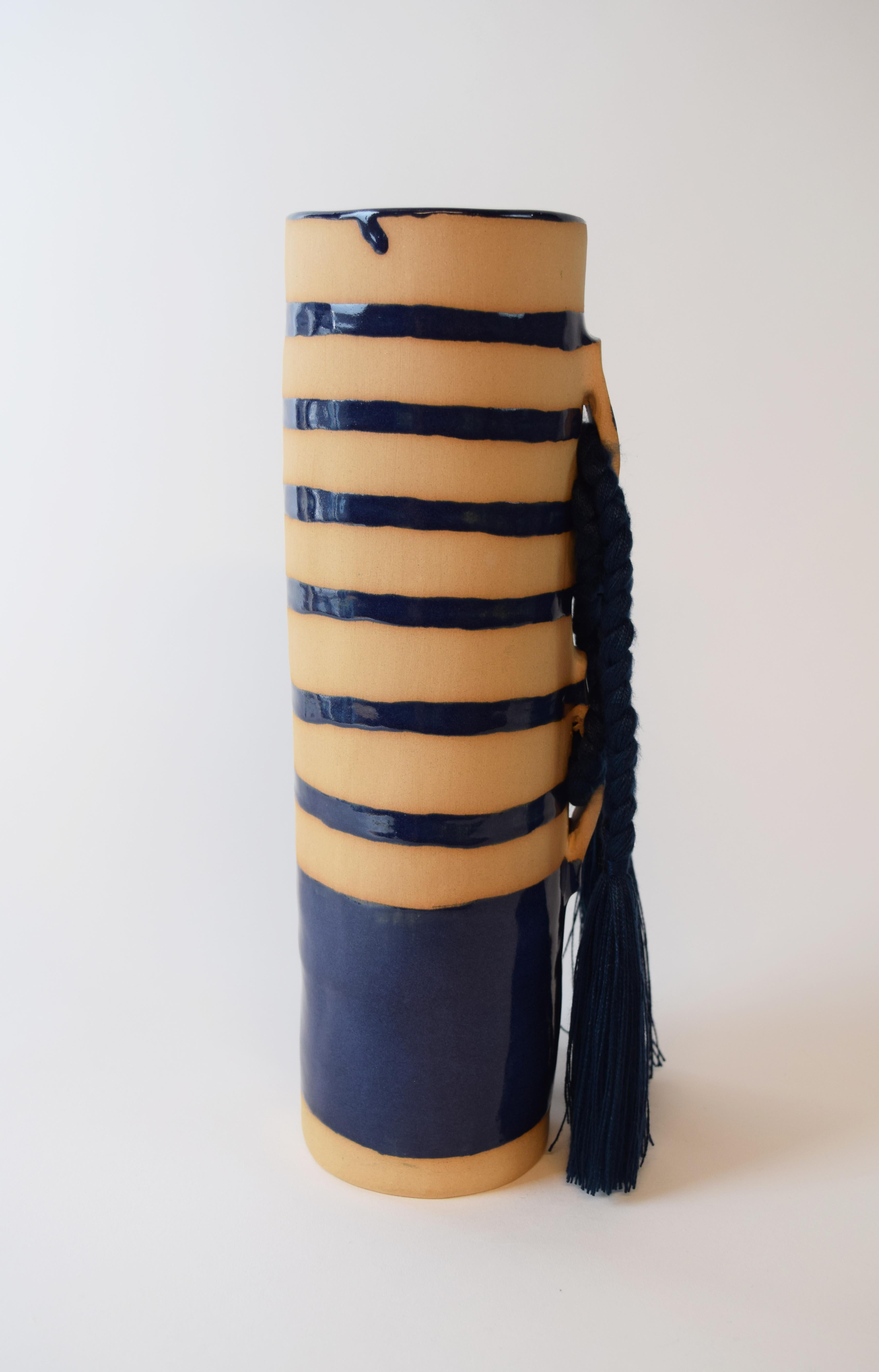 American Limited Edition Handmade Ceramic Vase #696, Blue Hand Painted Stripes with Braid