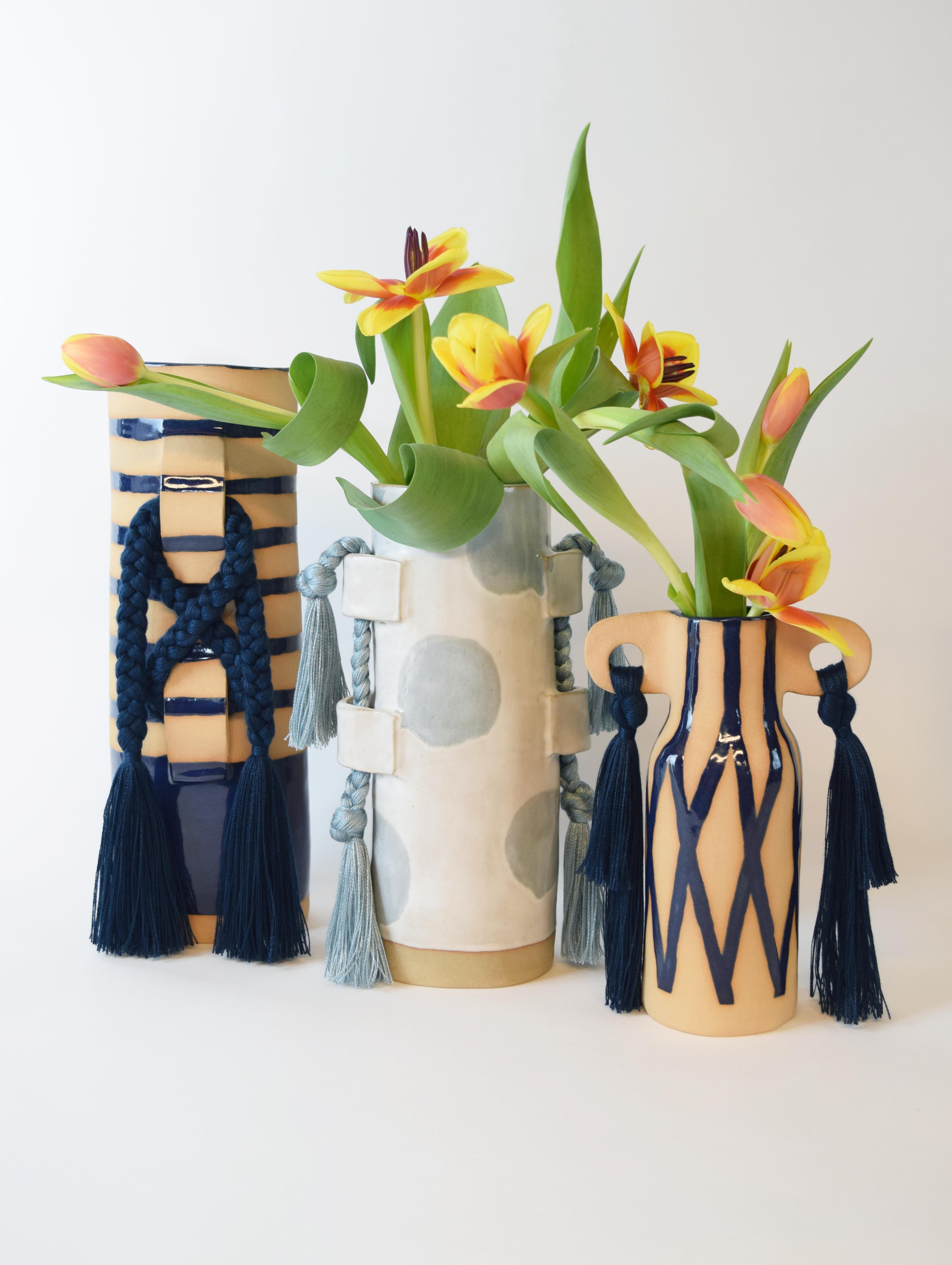 Contemporary Limited Edition Handmade Ceramic Vase #696, Blue Hand Painted Stripes with Braid