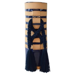 Limited Edition Handmade Ceramic Vase #696, Blue Hand Painted Stripes with Braid