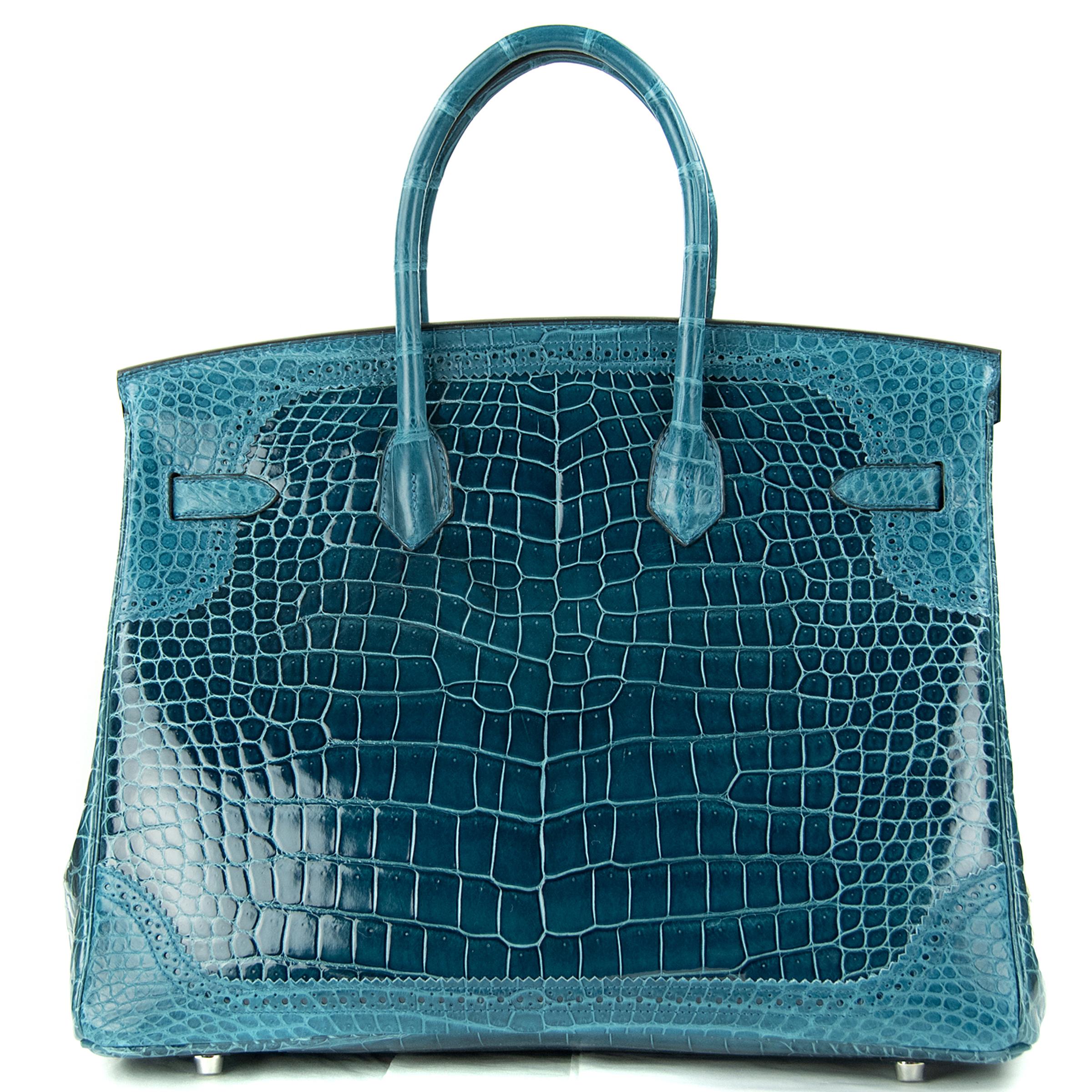 Limited Edition Hermes Birkin Ghillies Bag 35cm Shiny and Matte Bleu Colvert PHW For Sale 4