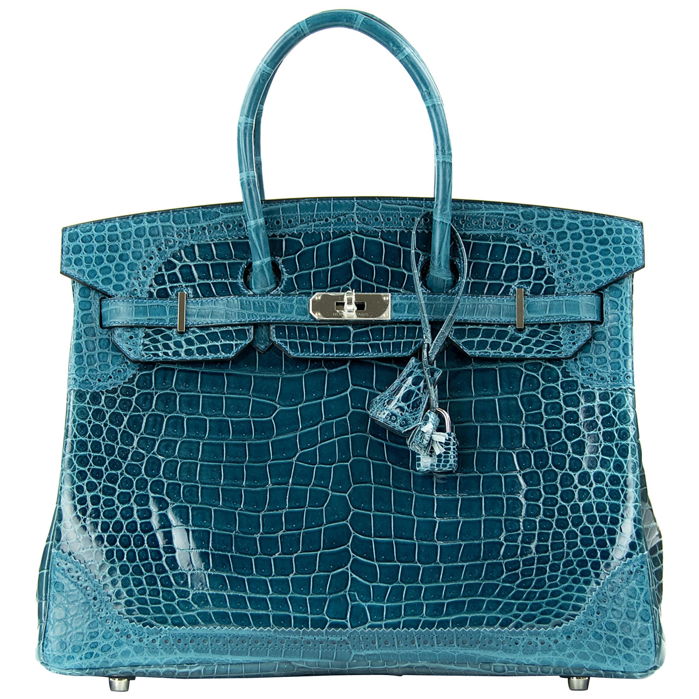 Limited Edition Hermes Birkin Ghillies Bag 35cm Shiny and Matte Bleu Colvert PHW For Sale