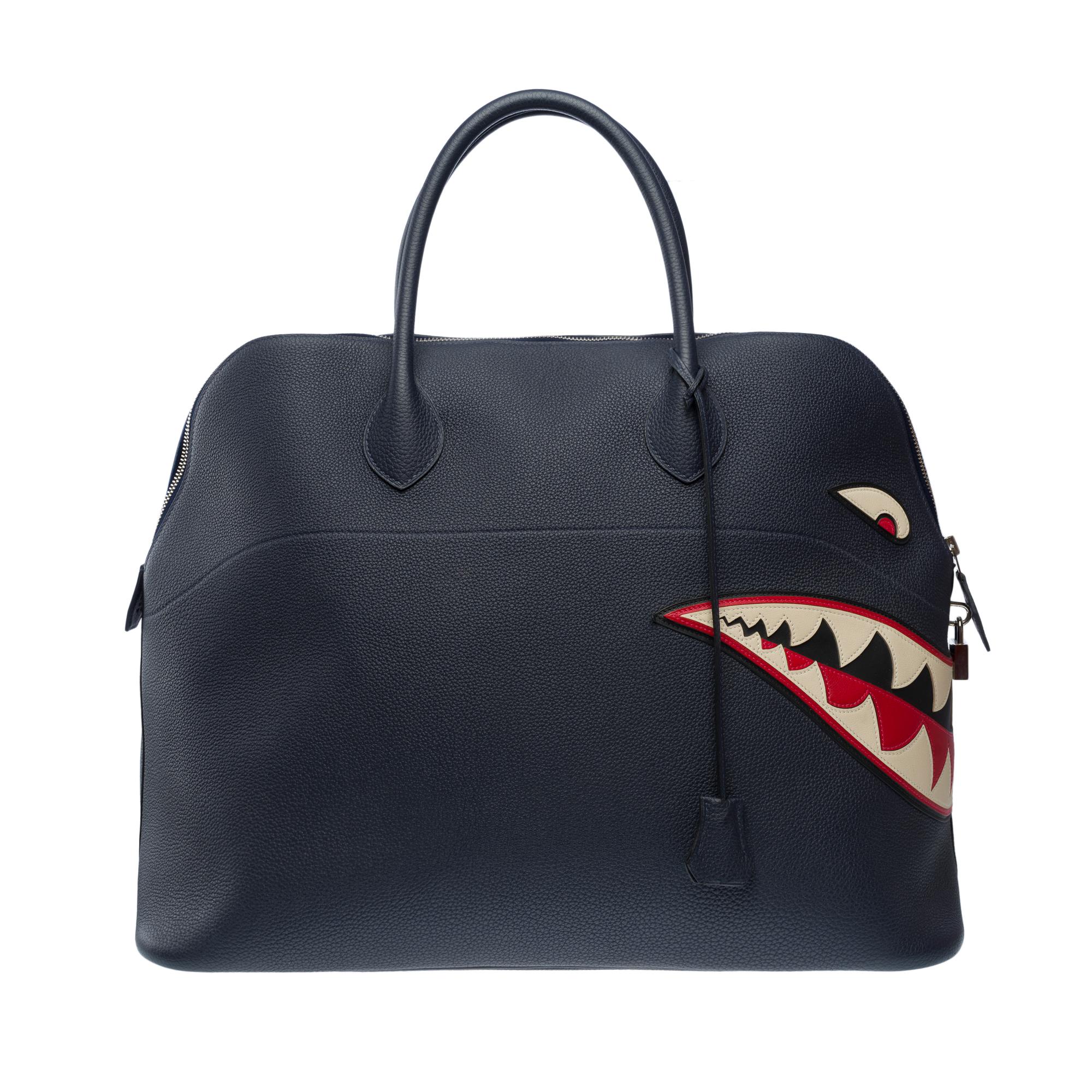 Brown Limited edition Hermes Bolide 45 Shark handbag in bleu nuit Togo leather, PHW For Sale