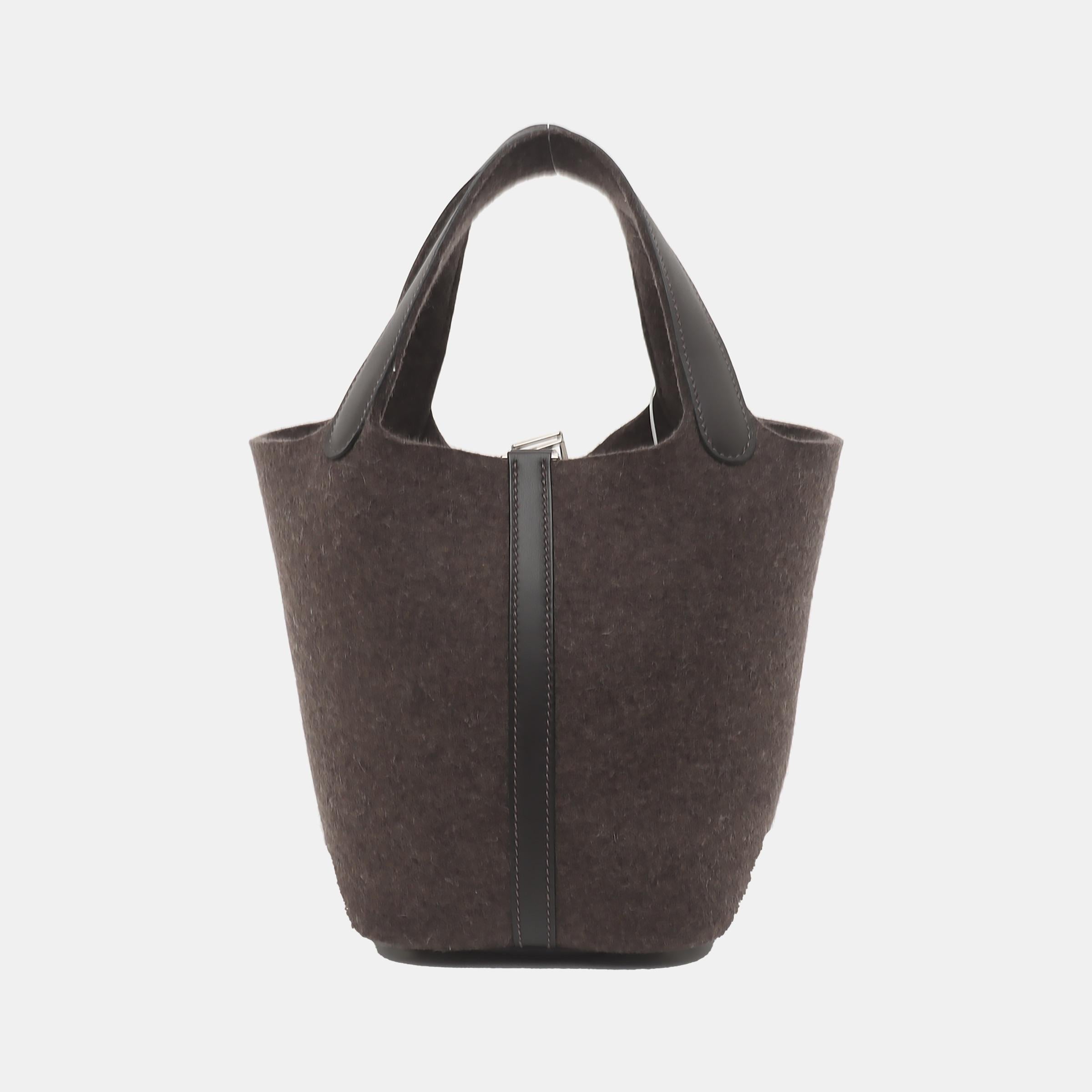 Nero Edizione limitata Hermes Picotin 18 Grigio scuro in pelle e lana PHW in vendita