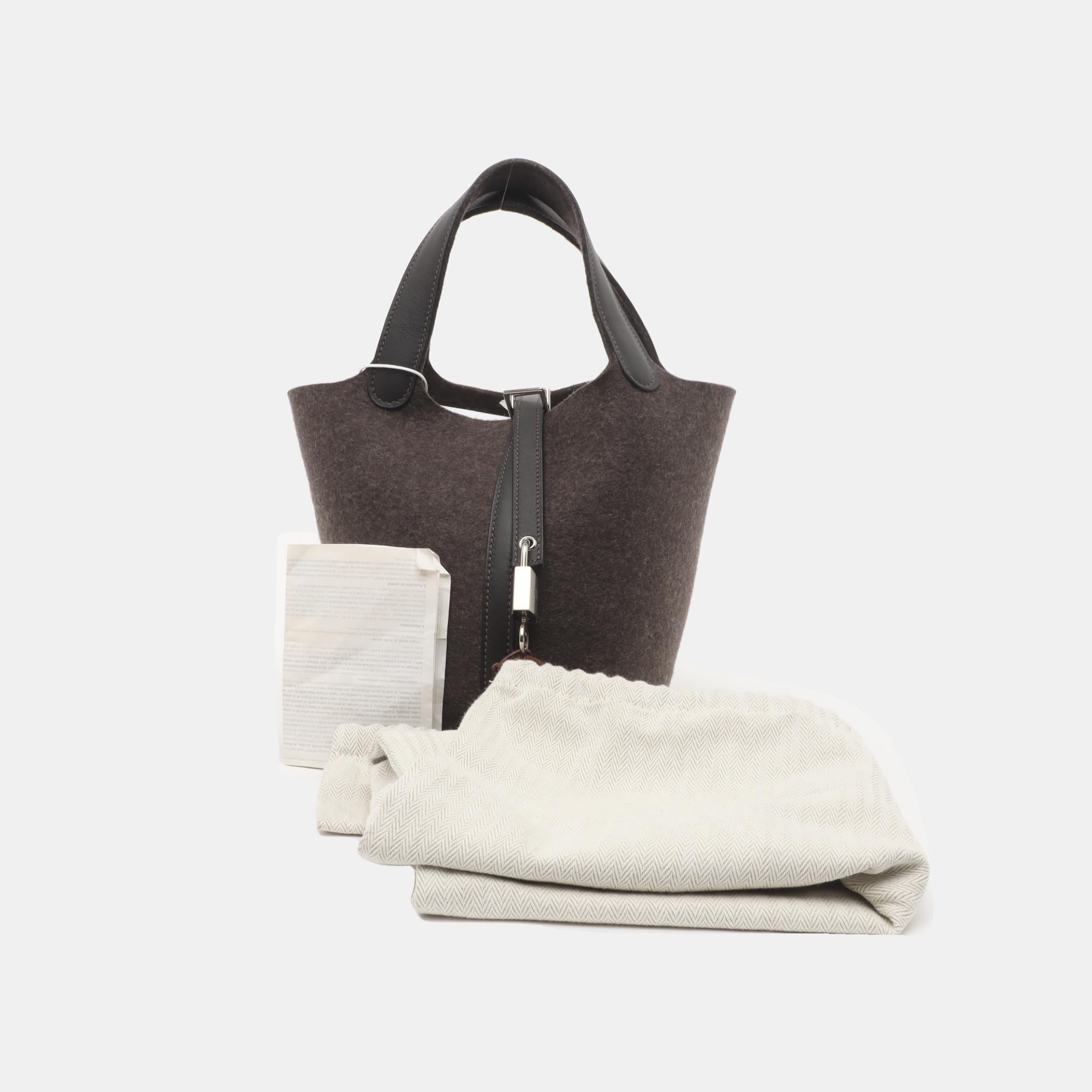 Edizione limitata Hermes Picotin 18 Grigio scuro in pelle e lana PHW in vendita 1