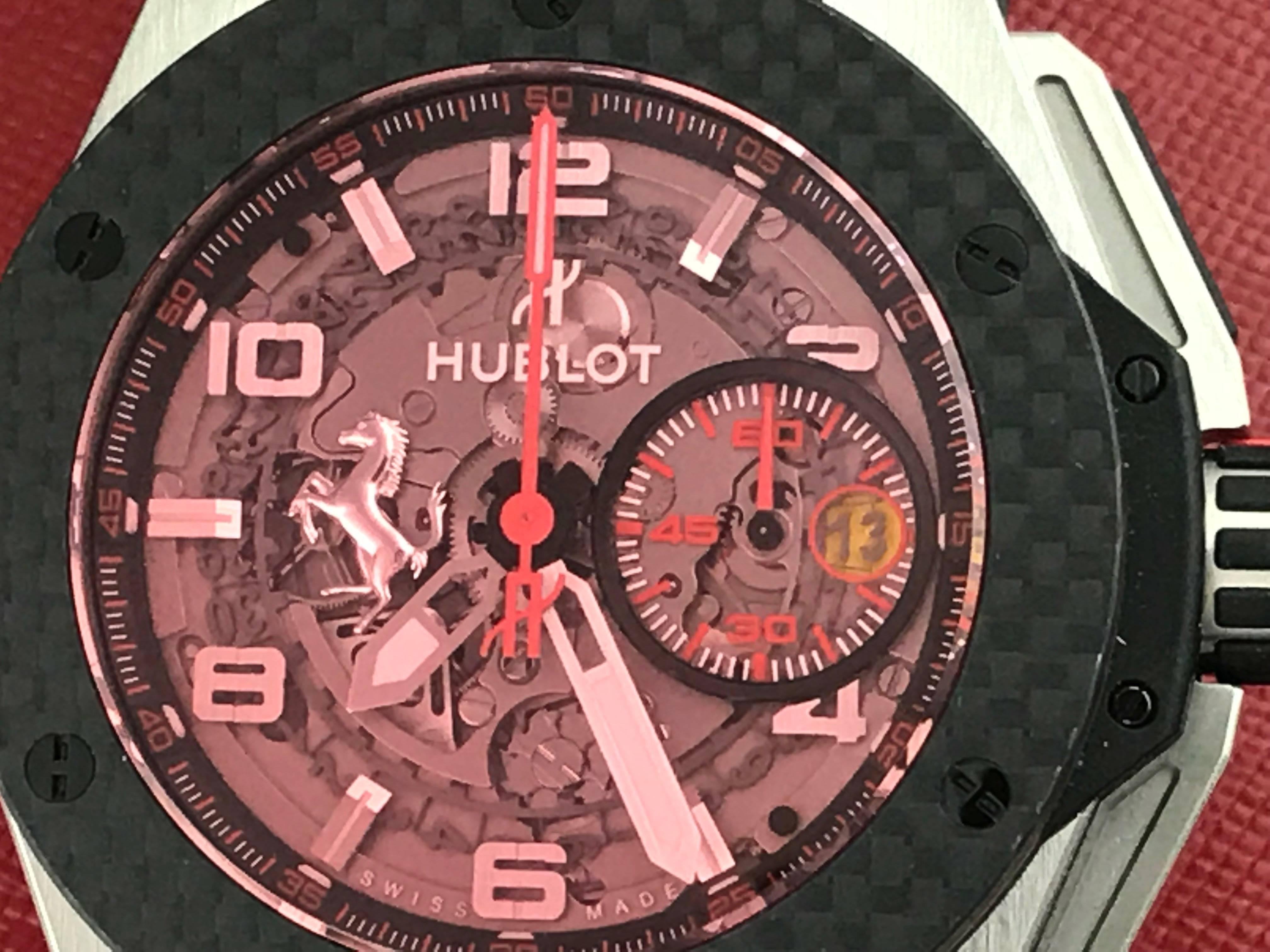 Hublot Big Bang Ferrari Red Magic Chronograph Automatic Men's wrist watch. Model 401.QX.0123.VR. Never Worn Limited Edition of 1000 Individually Numbered Pieces. Hublot Caliber HUB1241 Automatic Winding Movement with Thirty-Eight Jewels. Red