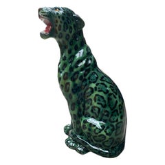 Limitierte Auflage Italienisches Porzellan Sitzender Grüner Leopard