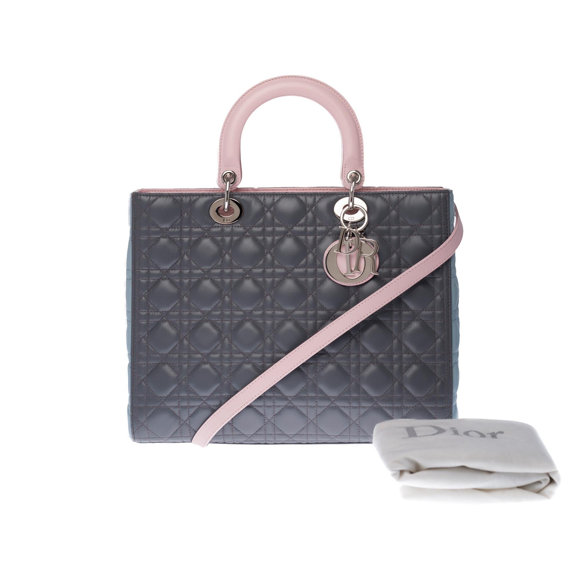 Limited Edition Lady Dior (GM) tricolor in grey, pink, and turquoise leather, SHW 3