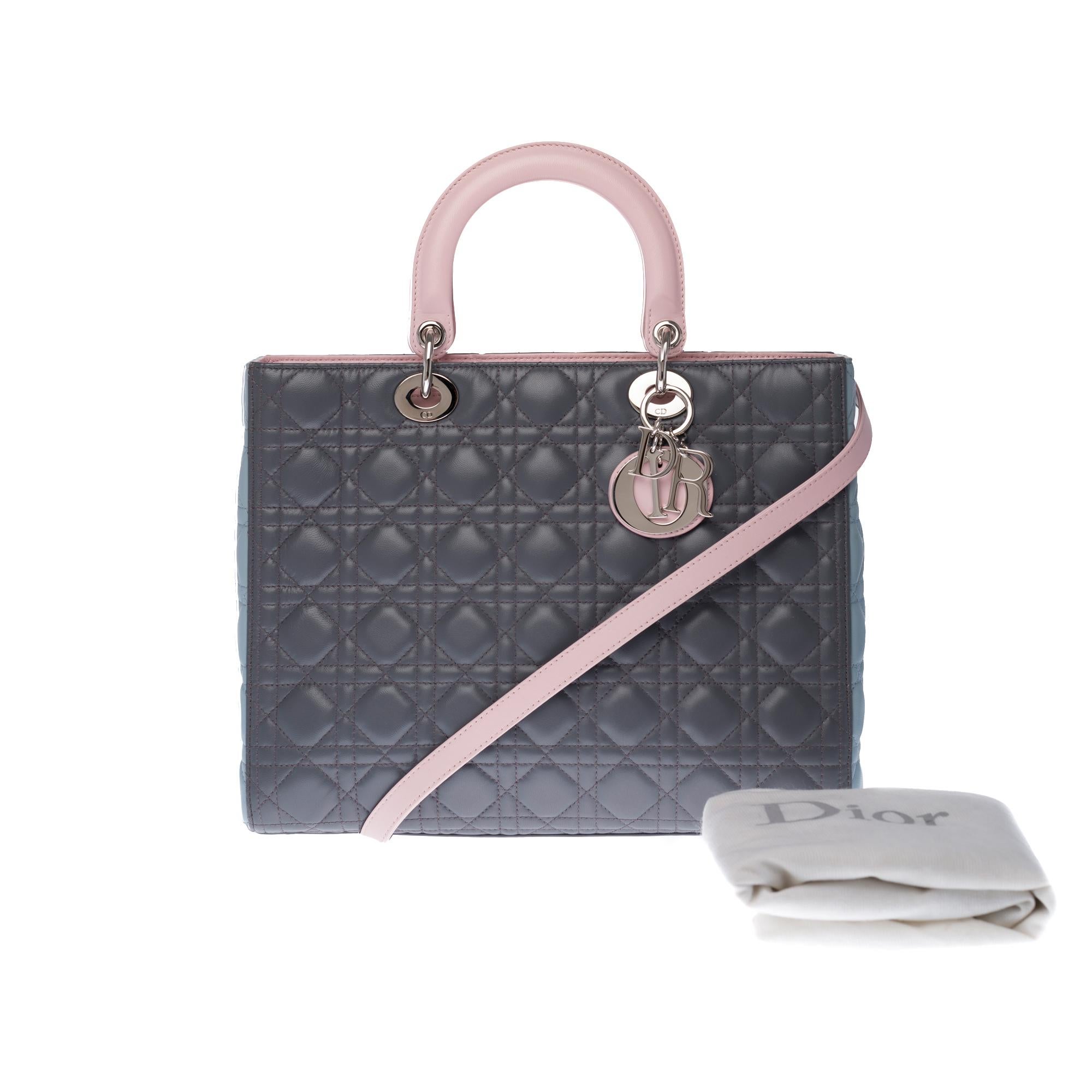 Limited Edition Lady Dior (GM) tricolor in grauem:: rosa und türkisem Leder::SHW 6