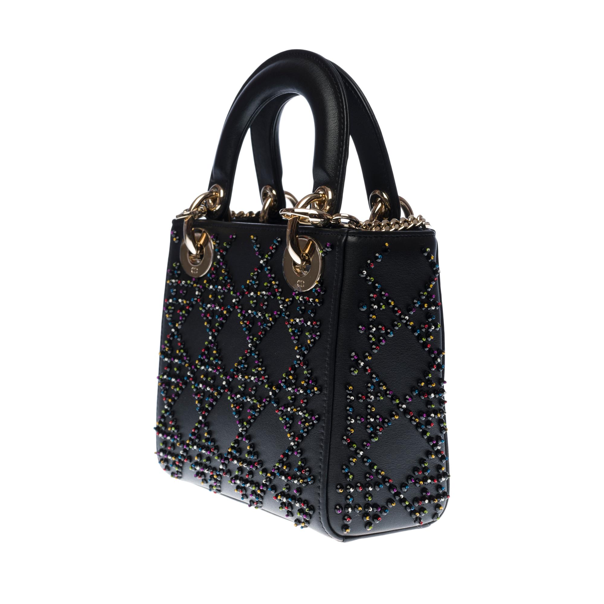 Limitierte Auflage Lady Dior Mini aus schwarzem Lammleder, bestickt mit Perlen Damen