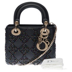 Used Limited Edition Lady Dior Mini in black lambskin leather embroidered with beads