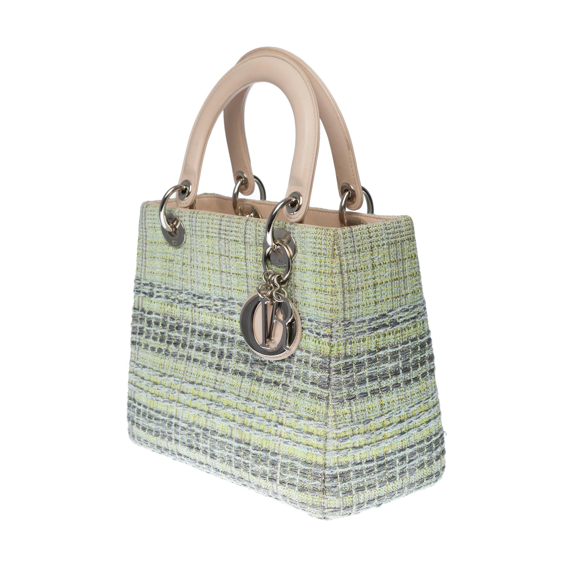 Gray Limited Edition Lady Dior MM in Green Tweed and silver threads, SHW For Sale