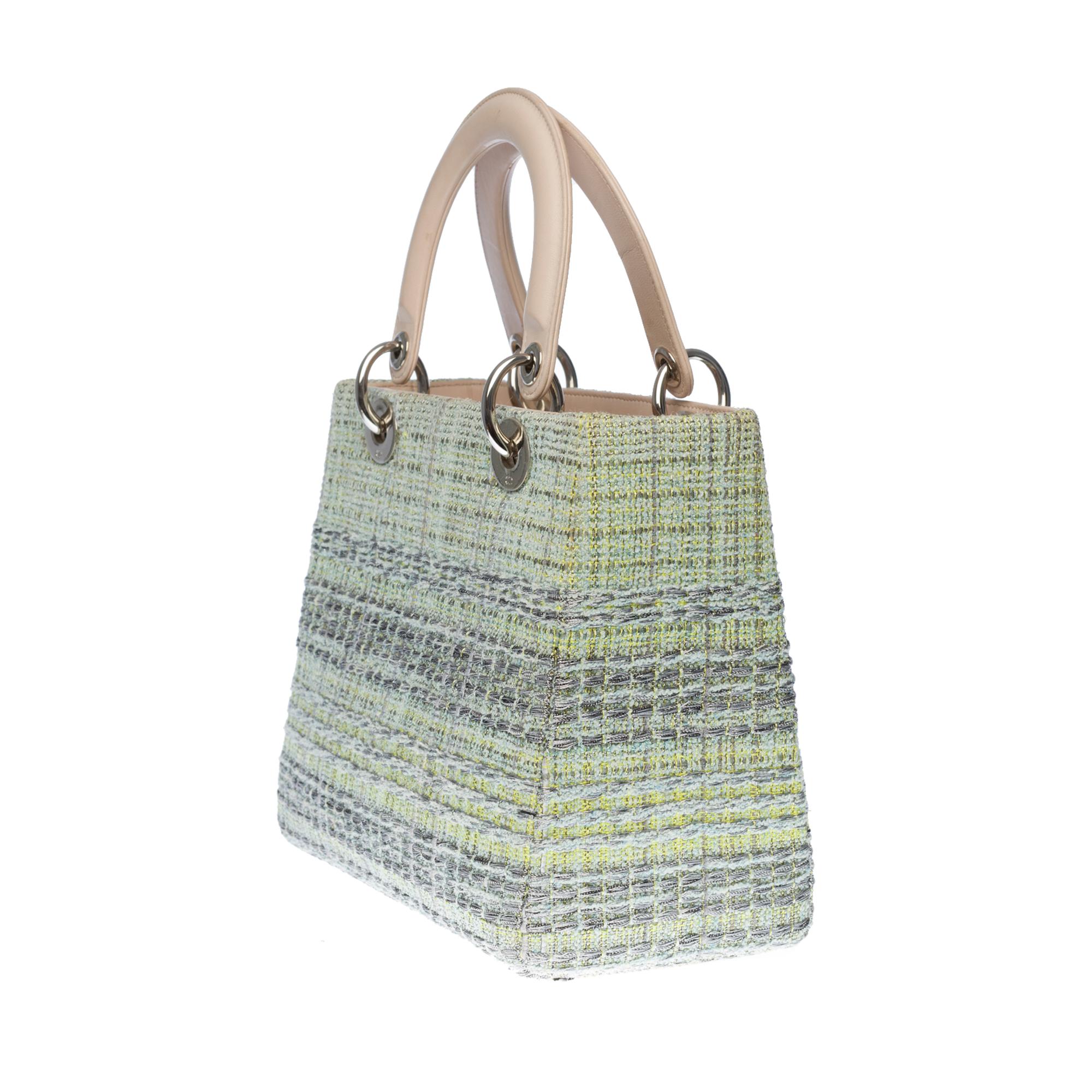 Limited Edition Lady Dior MM in Green Tweed and silver threads, SHW In Excellent Condition For Sale In Paris, IDF