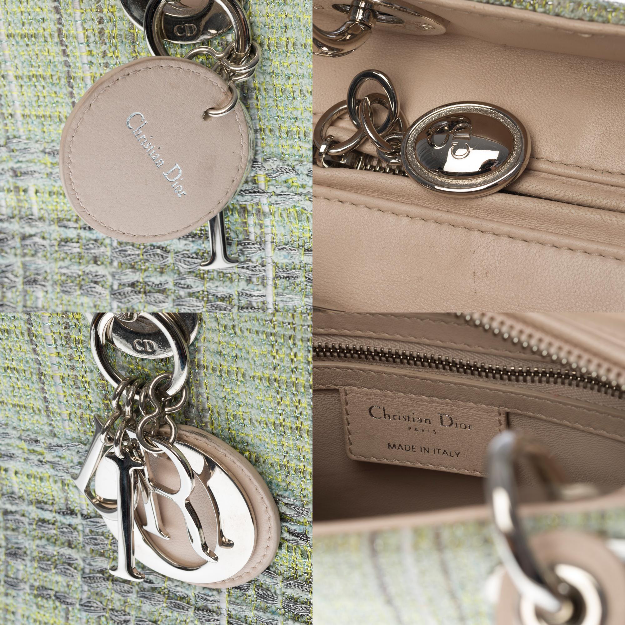 Women's Limited Edition Lady Dior MM in Green Tweed and silver threads, SHW For Sale