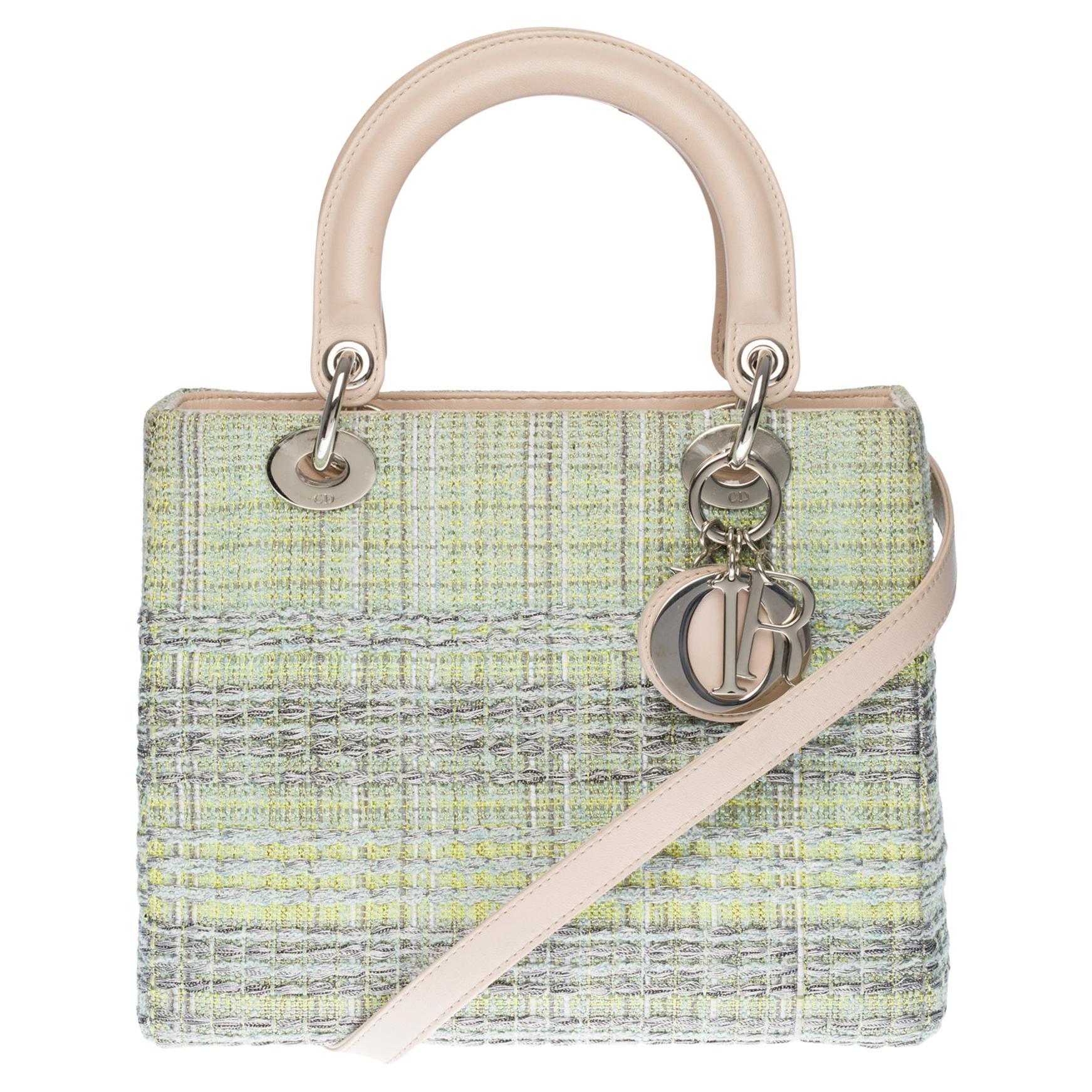 Limited Edition Lady Dior MM in Green Tweed and silver threads, SHW For Sale