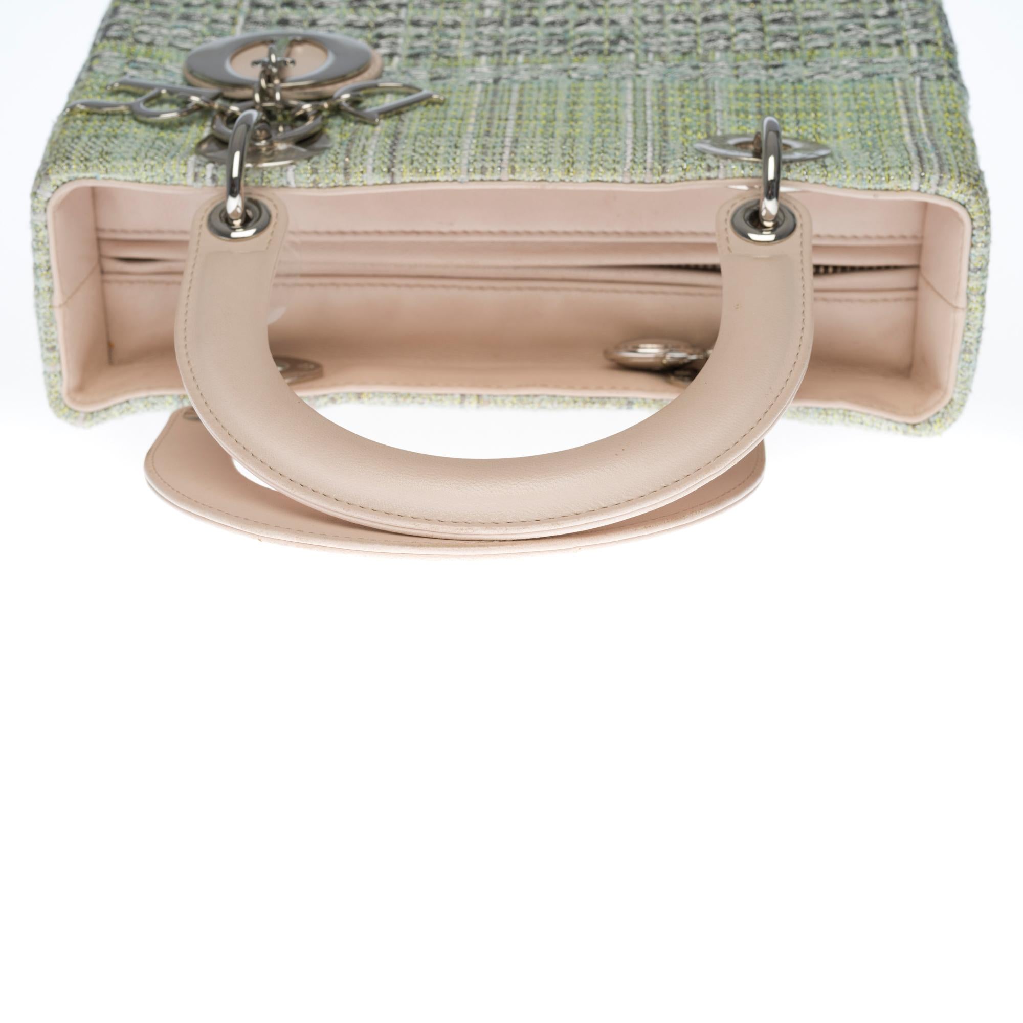 Women's Limited Edition Lady Dior MM in Green Tweed and silver threads, SHW For Sale