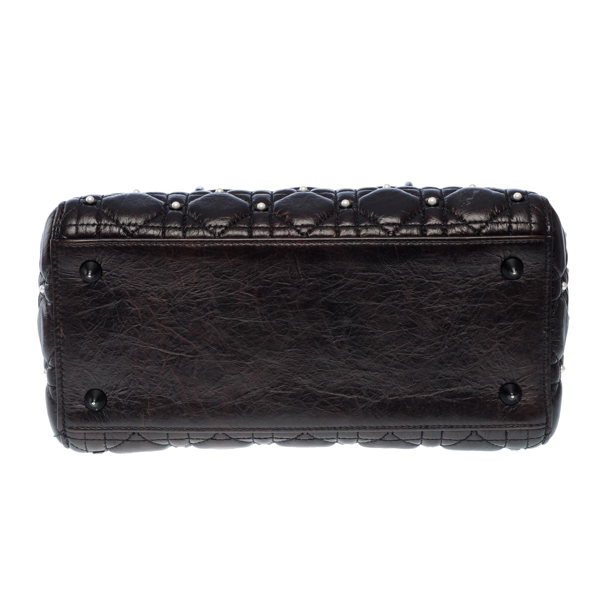 Limited Edition Lady Dior MM Pearls handbag strap in Black Cannage leather , BHW For Sale 8