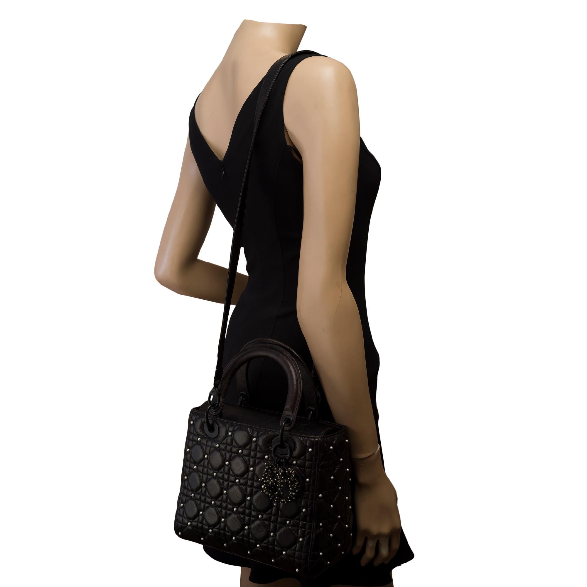 Limited Edition Lady Dior MM Pearls handbag strap in Black Cannage leather , BHW For Sale 10