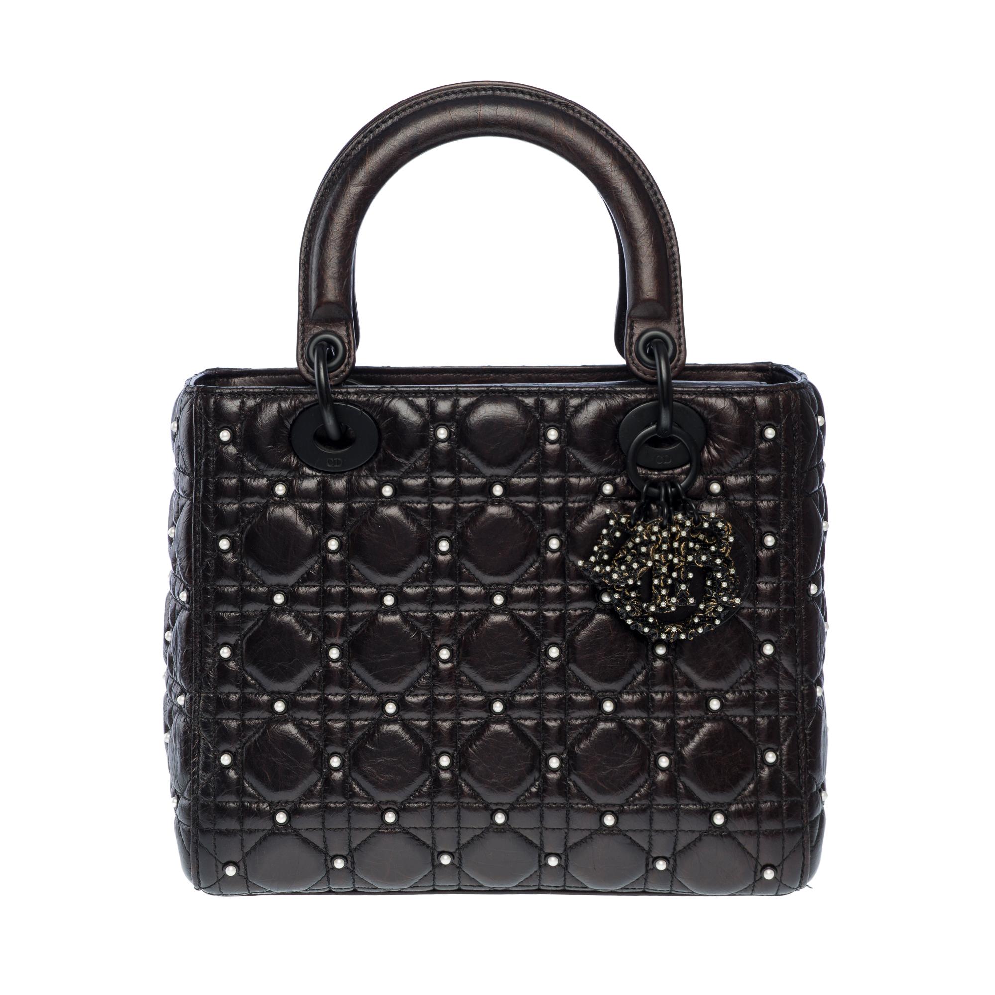 Women's Limited Edition Lady Dior MM Pearls handbag strap in Black Cannage leather , BHW For Sale