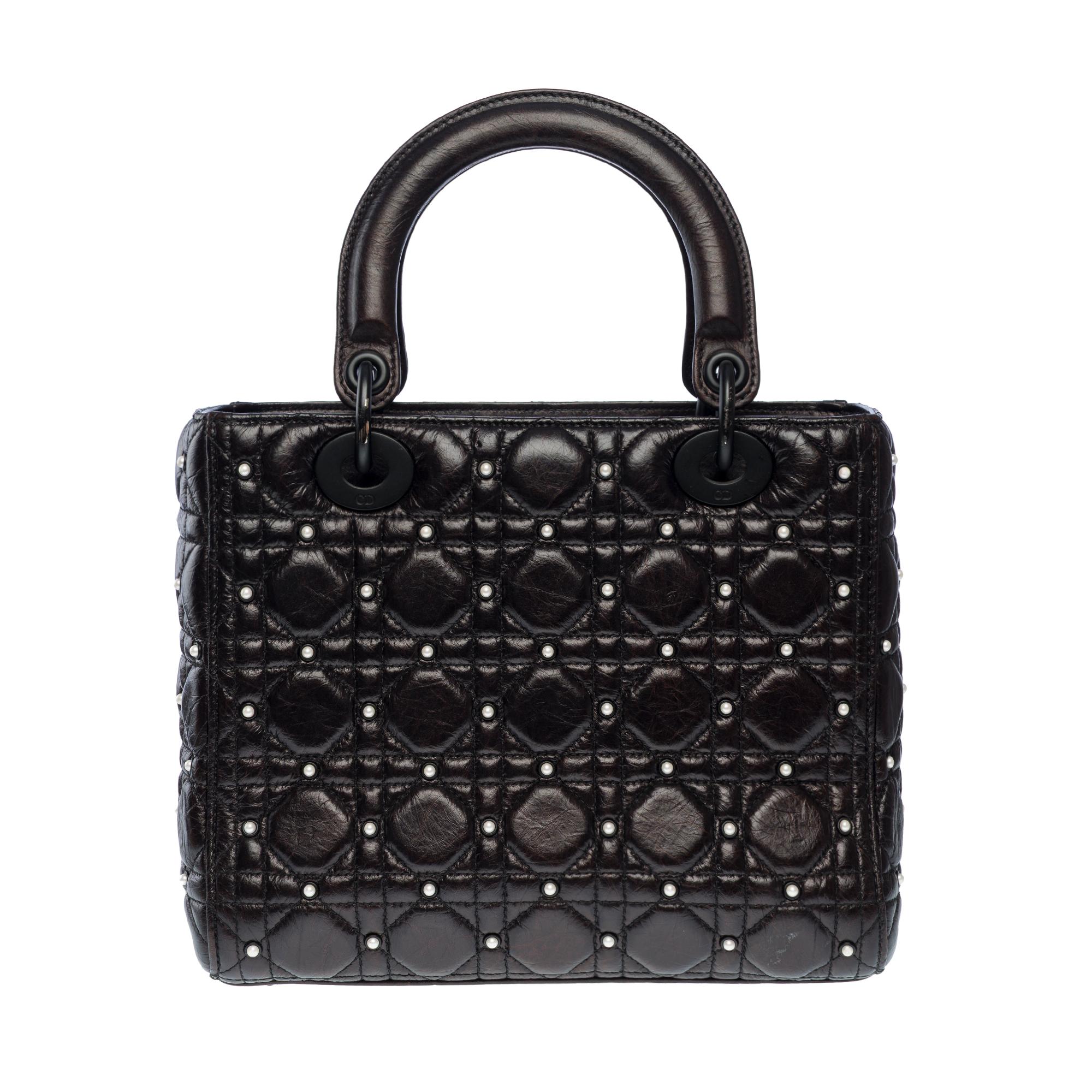 Limited Edition Lady Dior MM Pearls handbag strap in Black Cannage leather , BHW For Sale 1