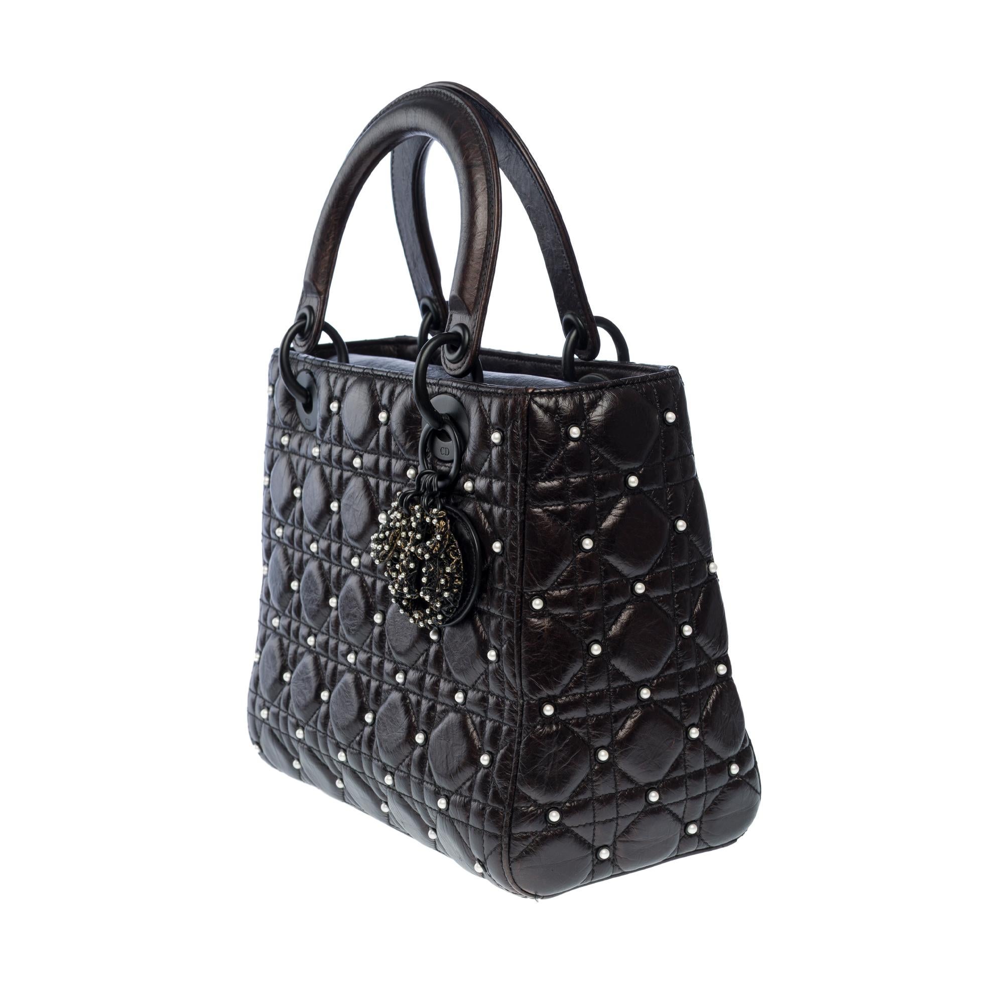Limited Edition Lady Dior MM Pearls handbag strap in Black Cannage leather , BHW For Sale 2