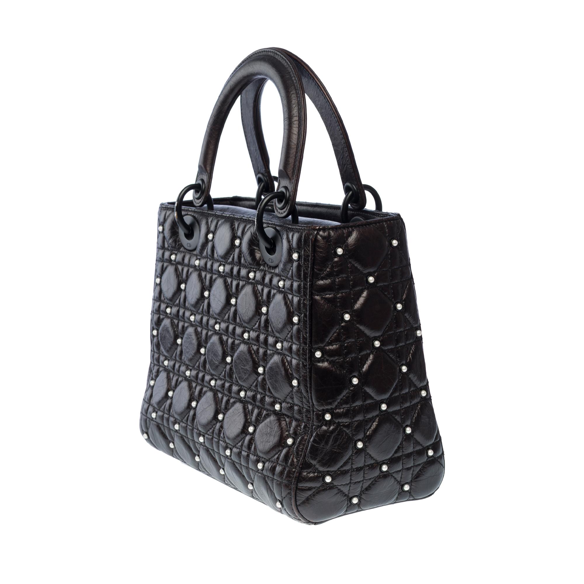 Limited Edition Lady Dior MM Pearls handbag strap in Black Cannage leather , BHW For Sale 3