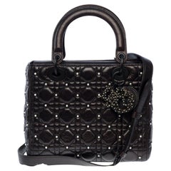 Limited Edition Lady Dior MM Pearls handbag strap in Black Cannage leather , BHW