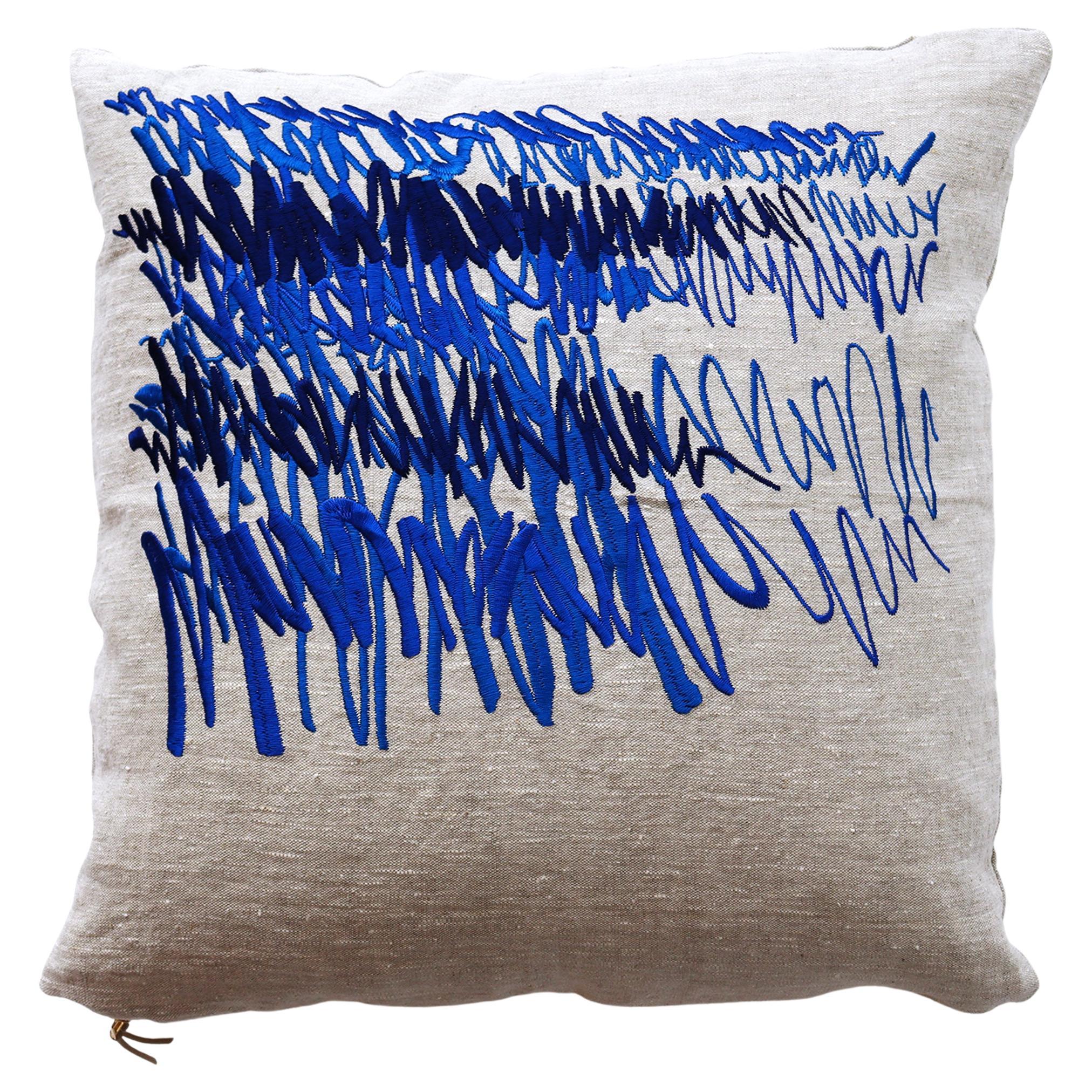 Limited Edition Linen Pillow - Embroidered 'Ink' For Sale