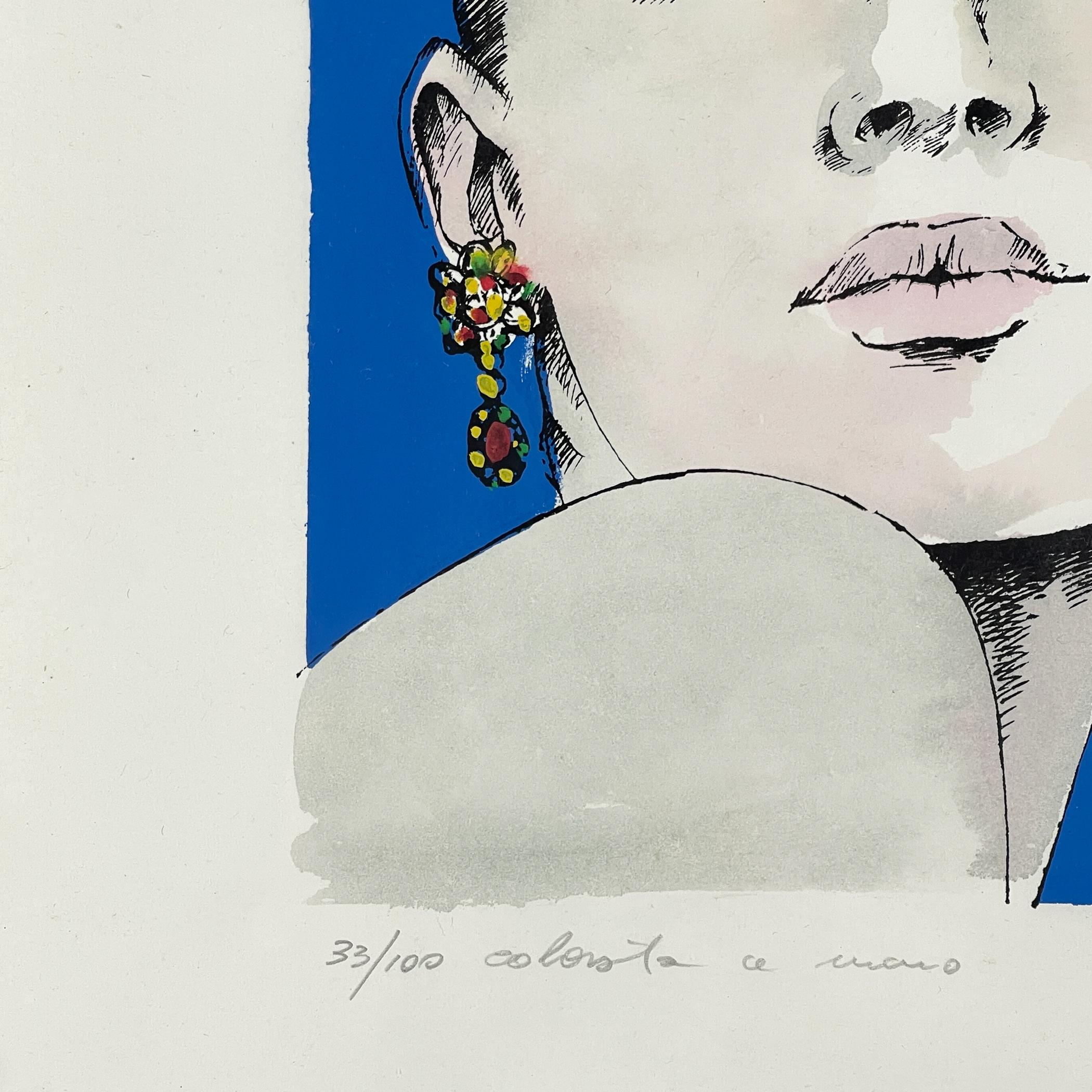 Lithographie Mädchenkopf in limitierter Auflage, handbemalt 33/100, Italien, 1977 (Moderne der Mitte des Jahrhunderts) im Angebot