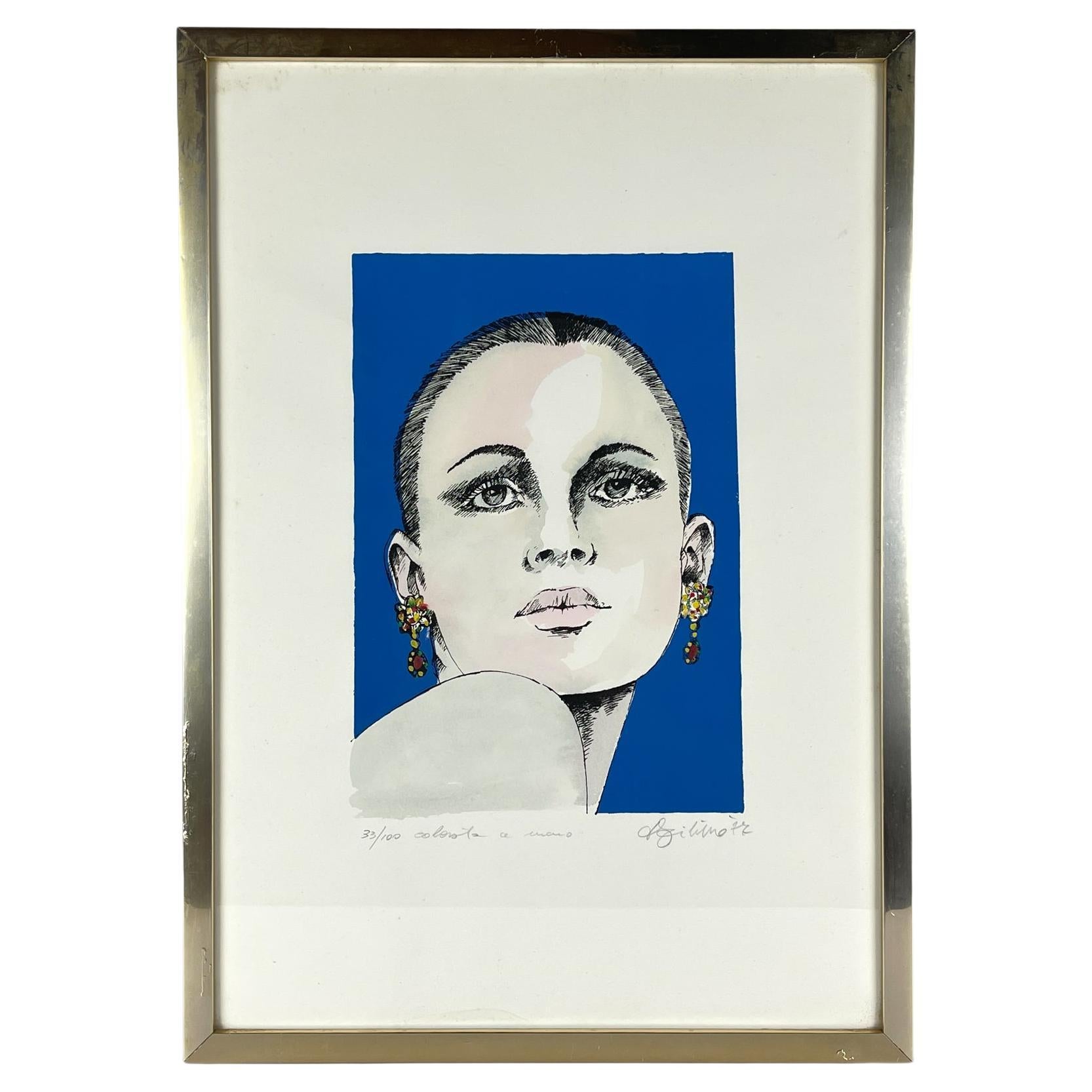 Lithographie Mädchenkopf in limitierter Auflage, handbemalt 33/100, Italien, 1977